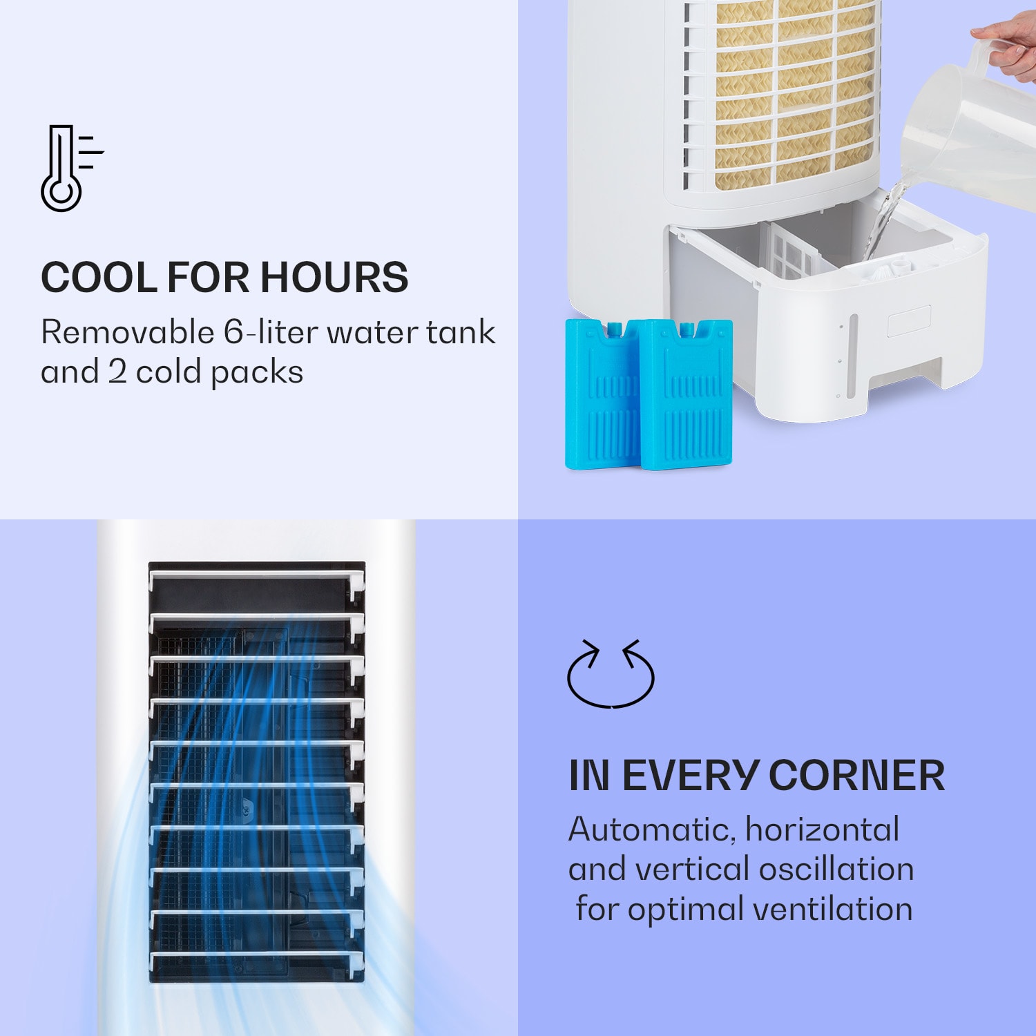 IceWind Max 3-en-1 Refroidisseur d'air 330 m³/h 60W Oscillation 6 L Minuterie Télécommande Max | Blanc