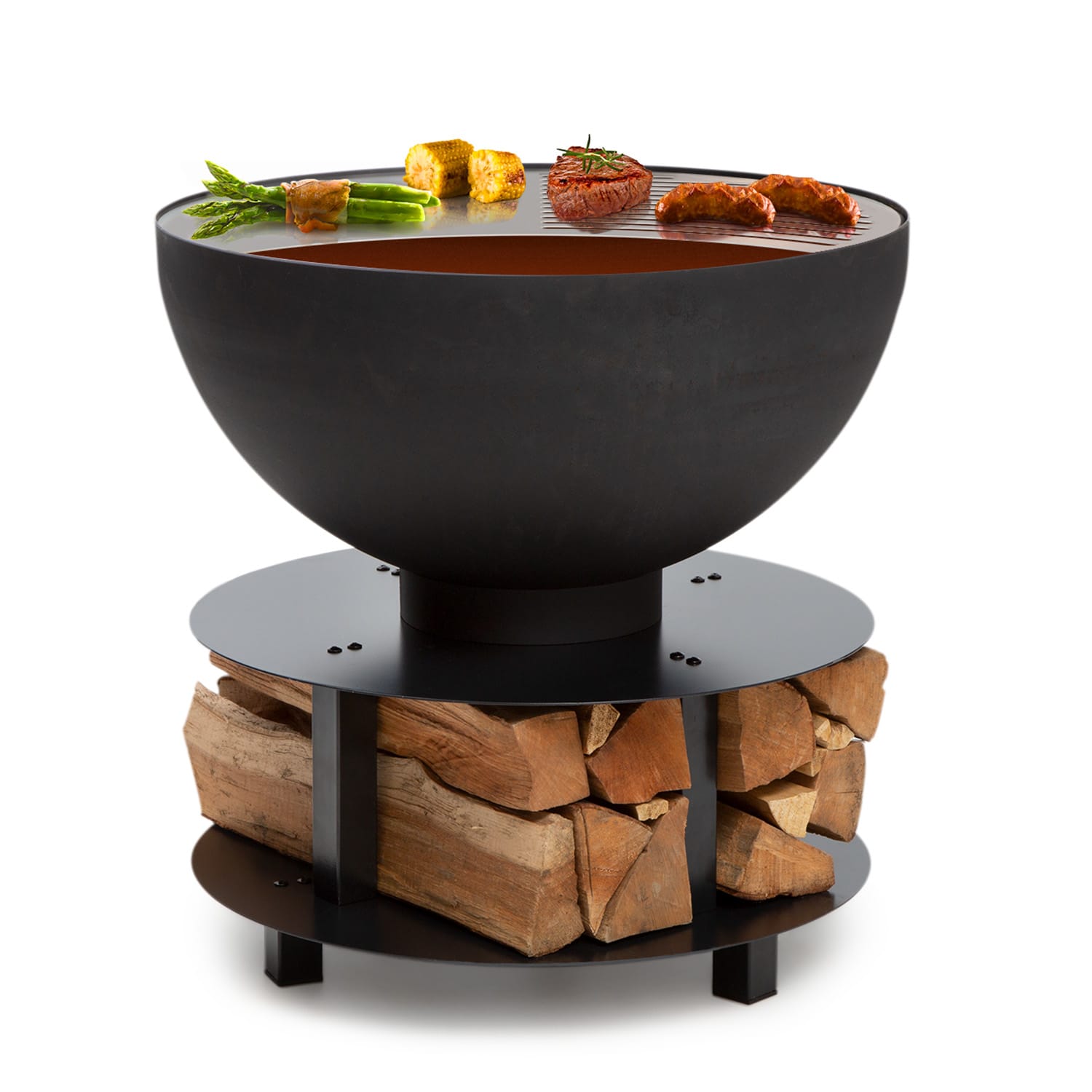 Brasero con parrilla redondo Savage 2.0, Ø: 60 cm, base estable, almacenamiento de madera De pie | Negro