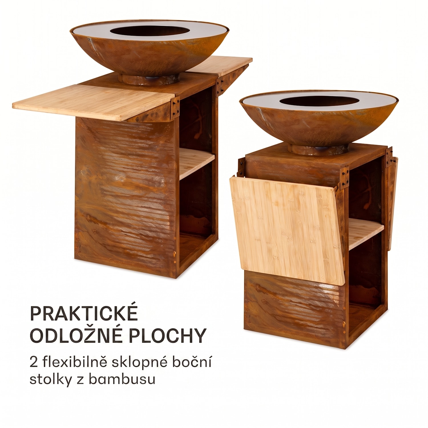 Savage 2.0 Tall, ohniště s grilem, bambusové boční stolky, ochranný kryt Stojící | Rez