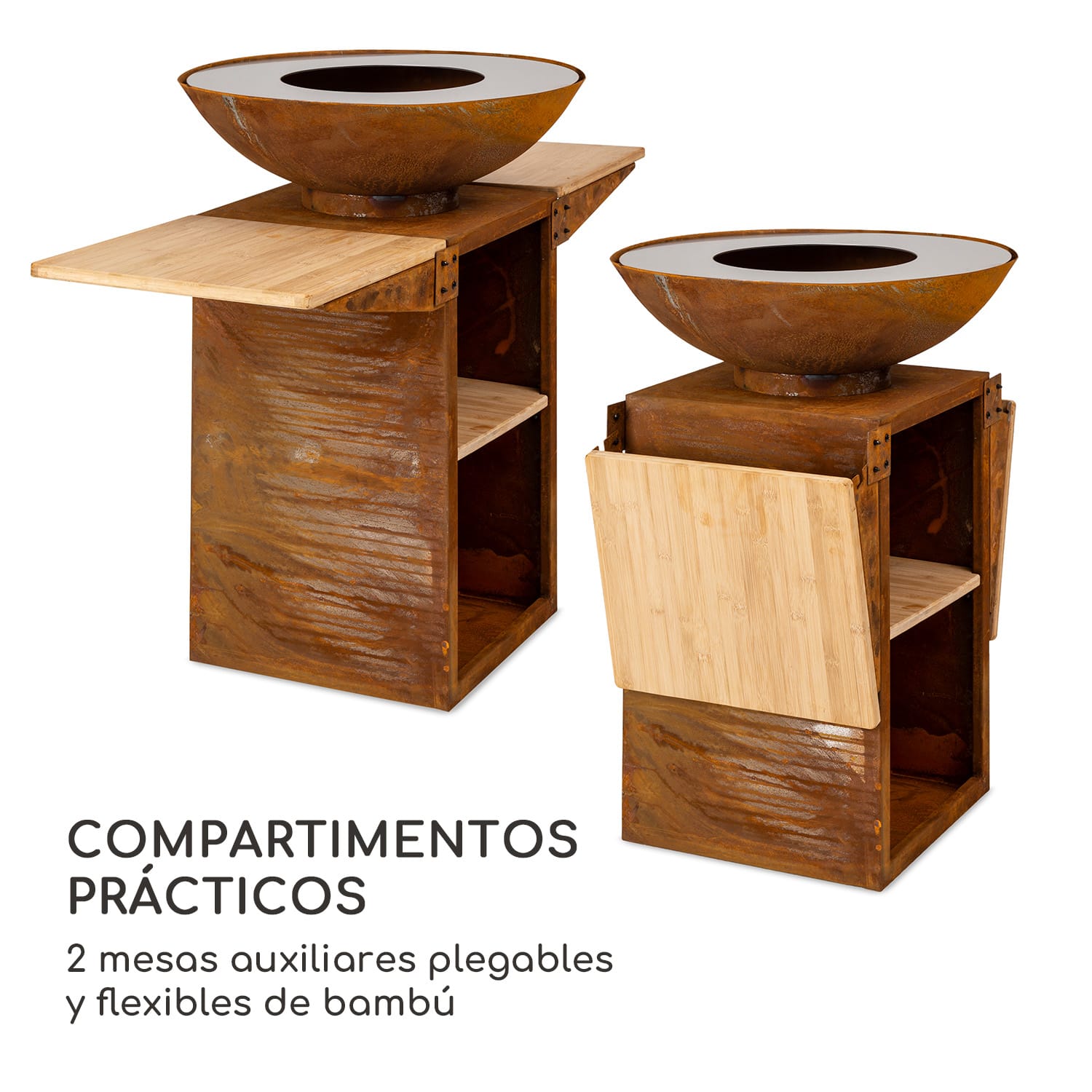 Savage 2.0 Tall Brasero con parrilla Mesas laterales de bambú Incl.  funda protectora De pie | Óxido