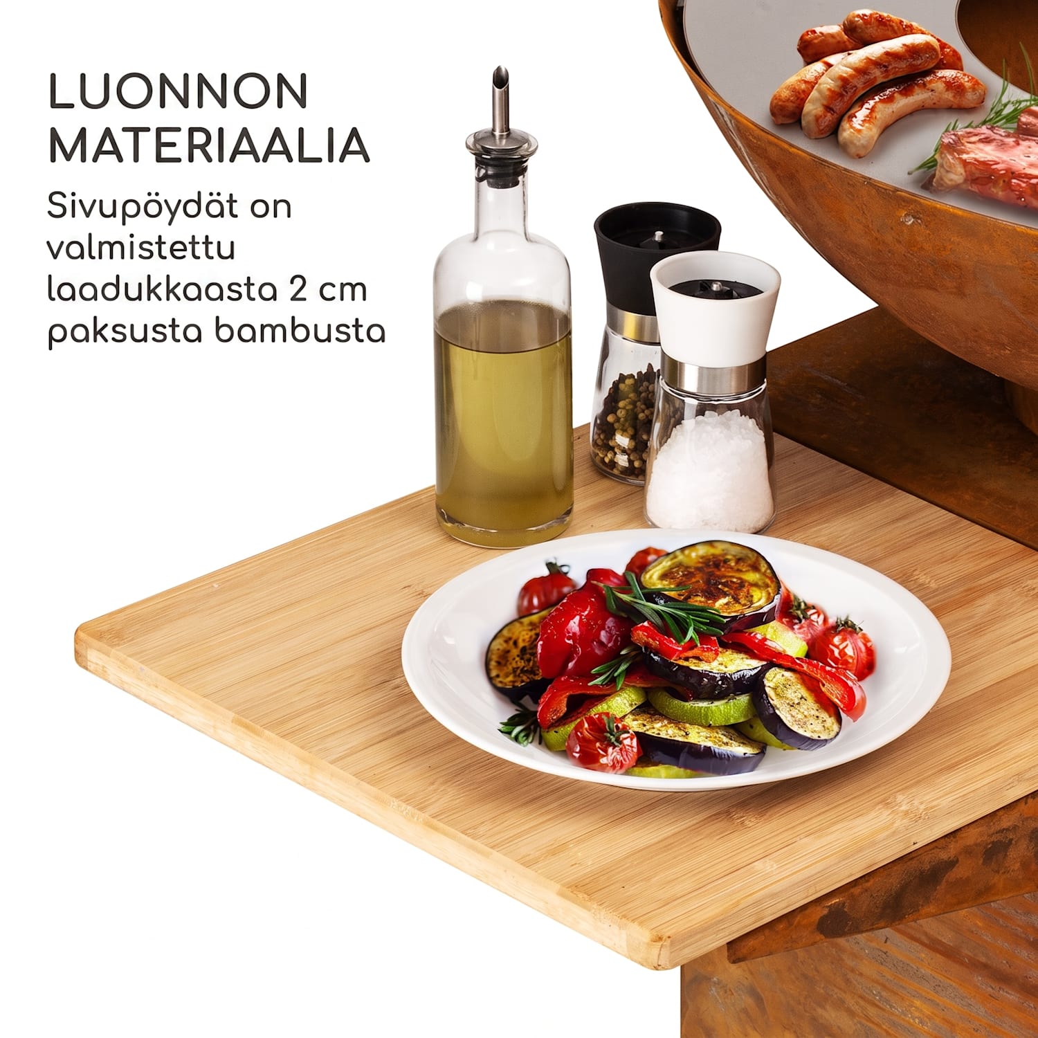 Savage 2.0 Tall tulimalja grillillä sivupöydät bambusta sis.  Säänsuoja Seisomassa | Ruoste