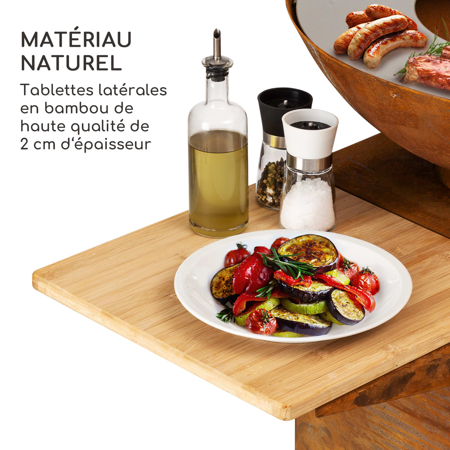 Savage 2.0 Tall vuurschaal met grill inclusief bamboe zijtafels  Regenhoes Staand | Roest