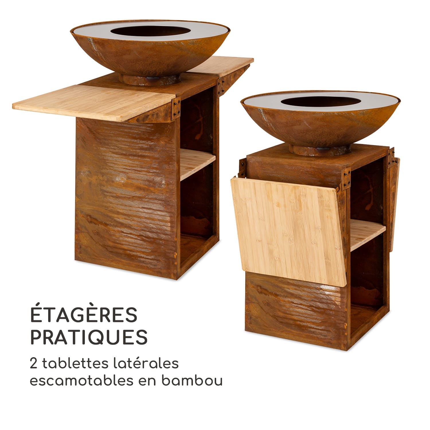 Savage 2.0 Tall vuurschaal met grill inclusief bamboe zijtafels  Regenhoes Staand | Roest