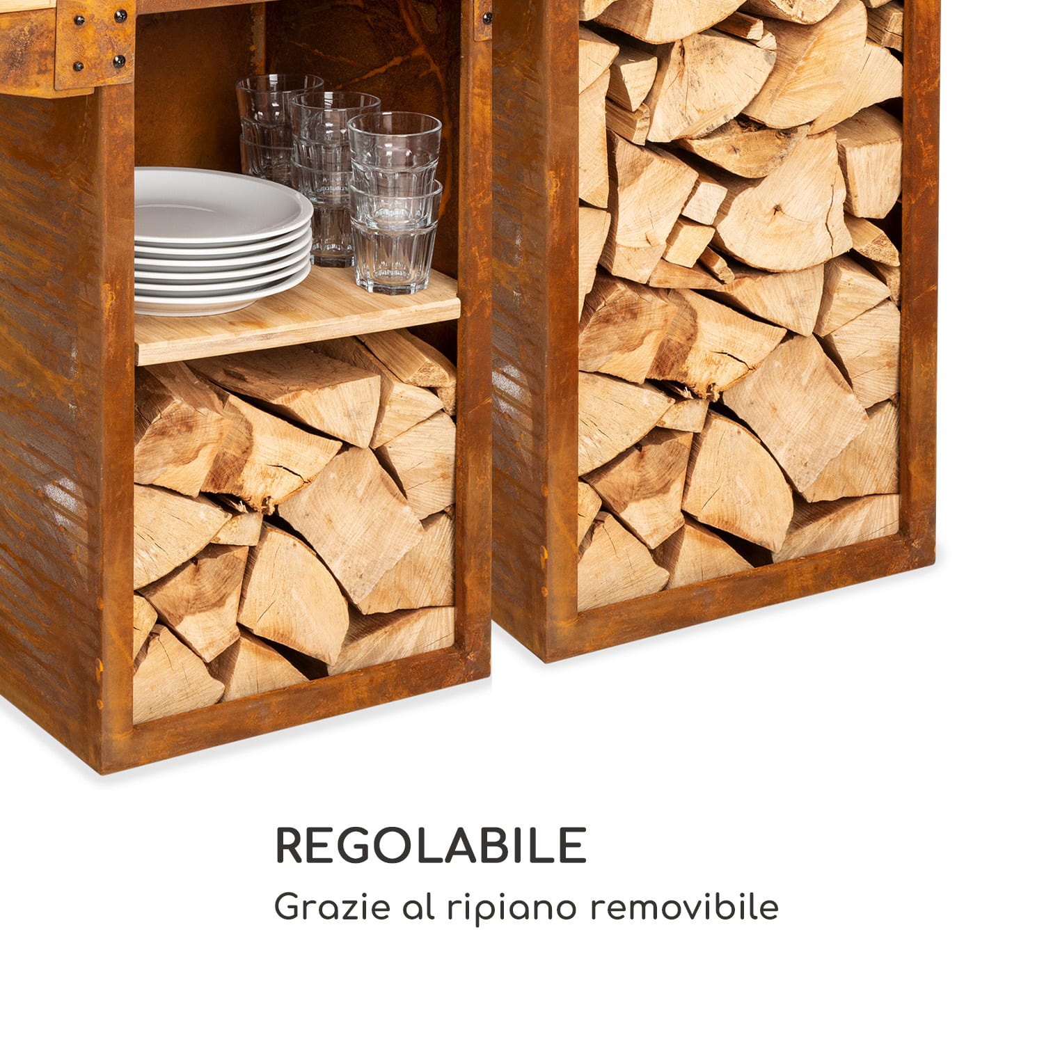 Savage 2.0 Tall braciere con grill incl. tavolini laterali in bambù  Copertura dalle intemperie In piedi | Ruggine