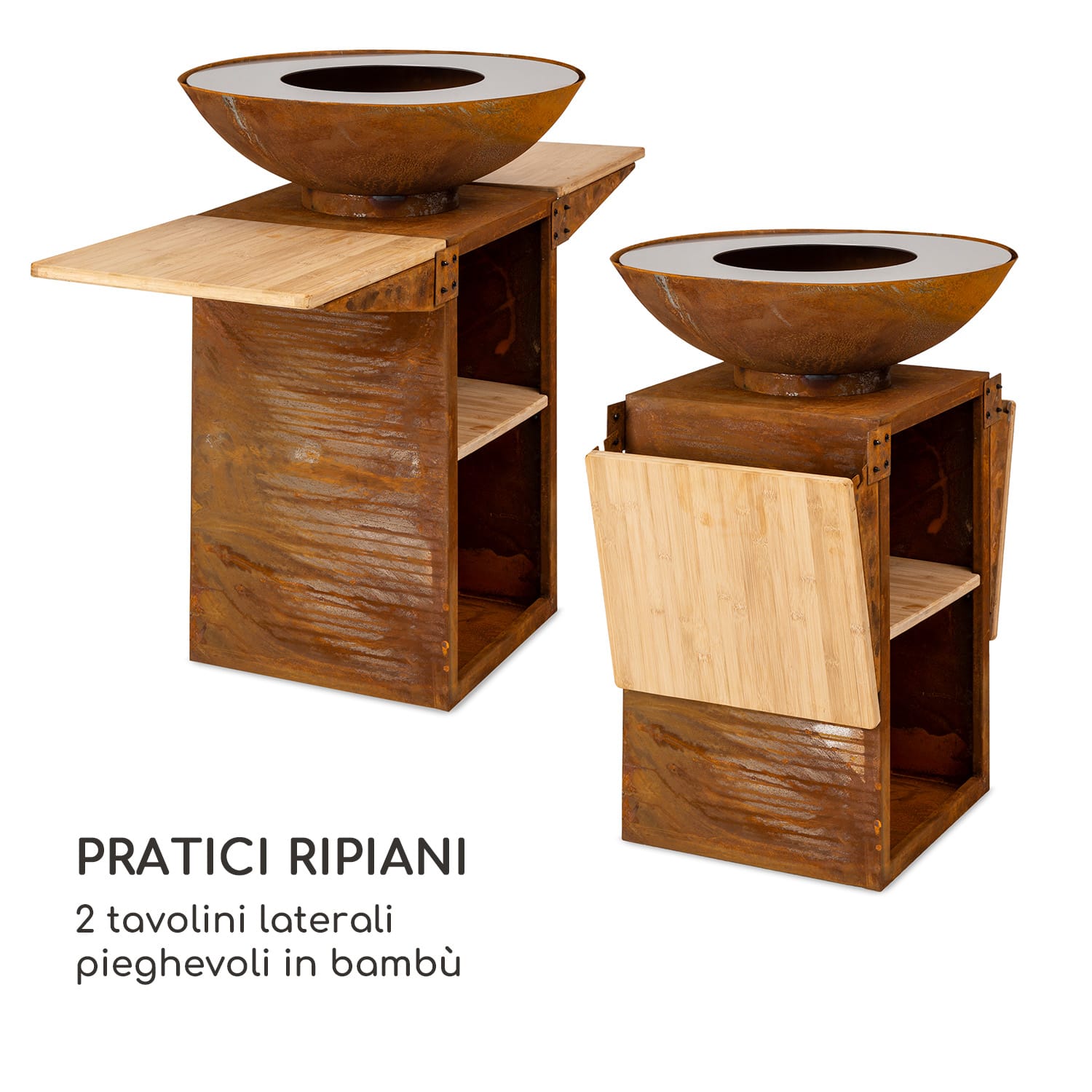 Savage 2.0 Tall braciere con grill incl. tavolini laterali in bambù  Copertura dalle intemperie In piedi | Ruggine