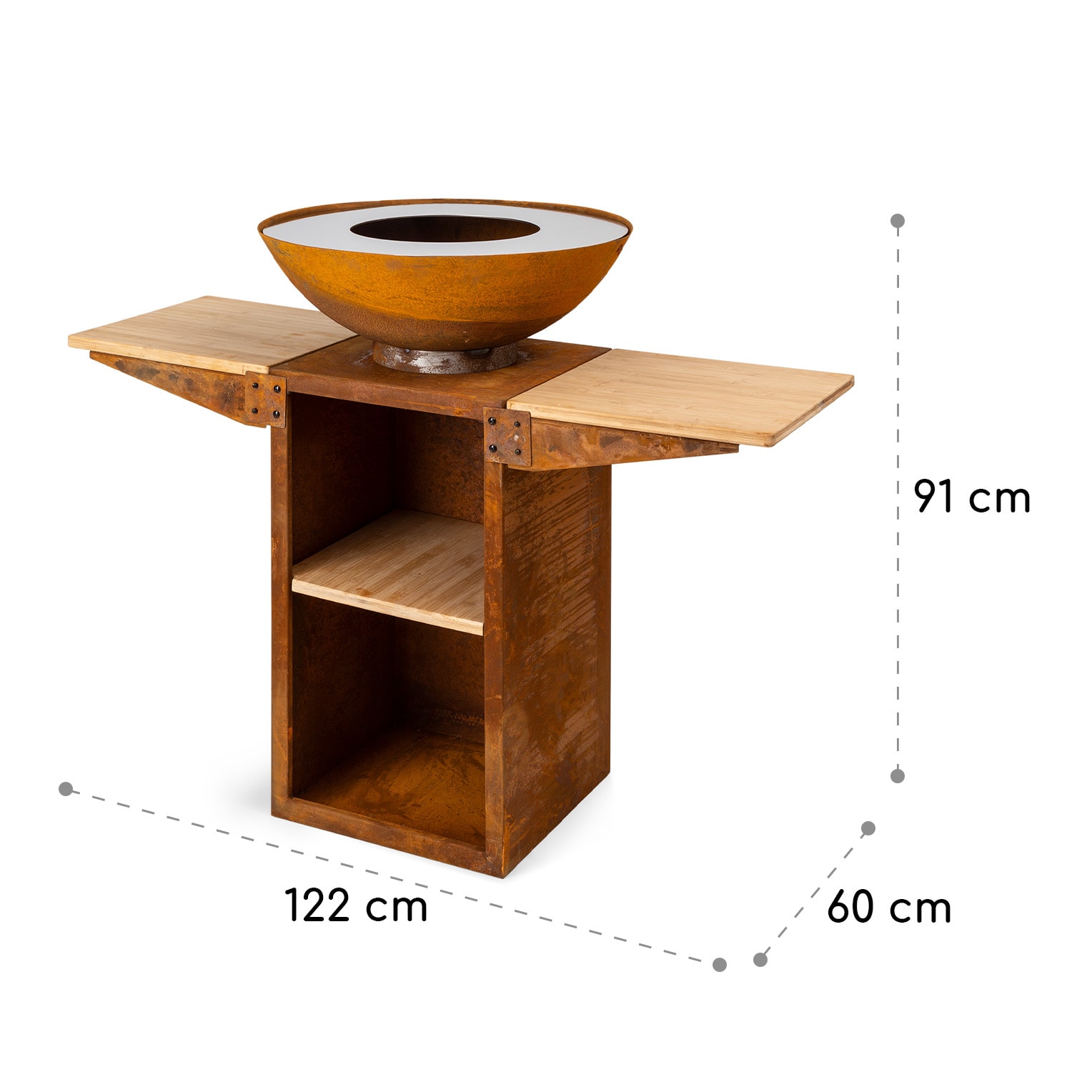 Savage 2.0 Tall Brasero con parrilla Mesas laterales de bambú Incl.  funda protectora De pie | Óxido