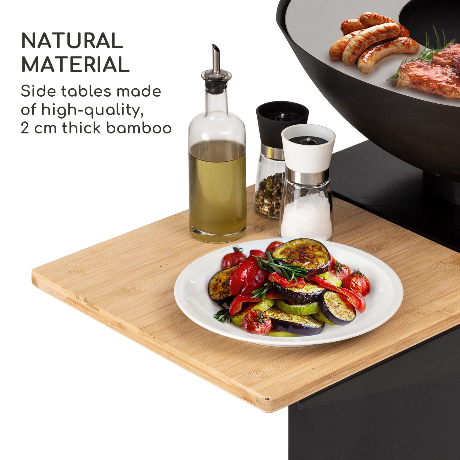Savage 2.0 Tall Fire Bowl with Grill Bamboo incl. Side Tables  Weather protection Standing | Black
