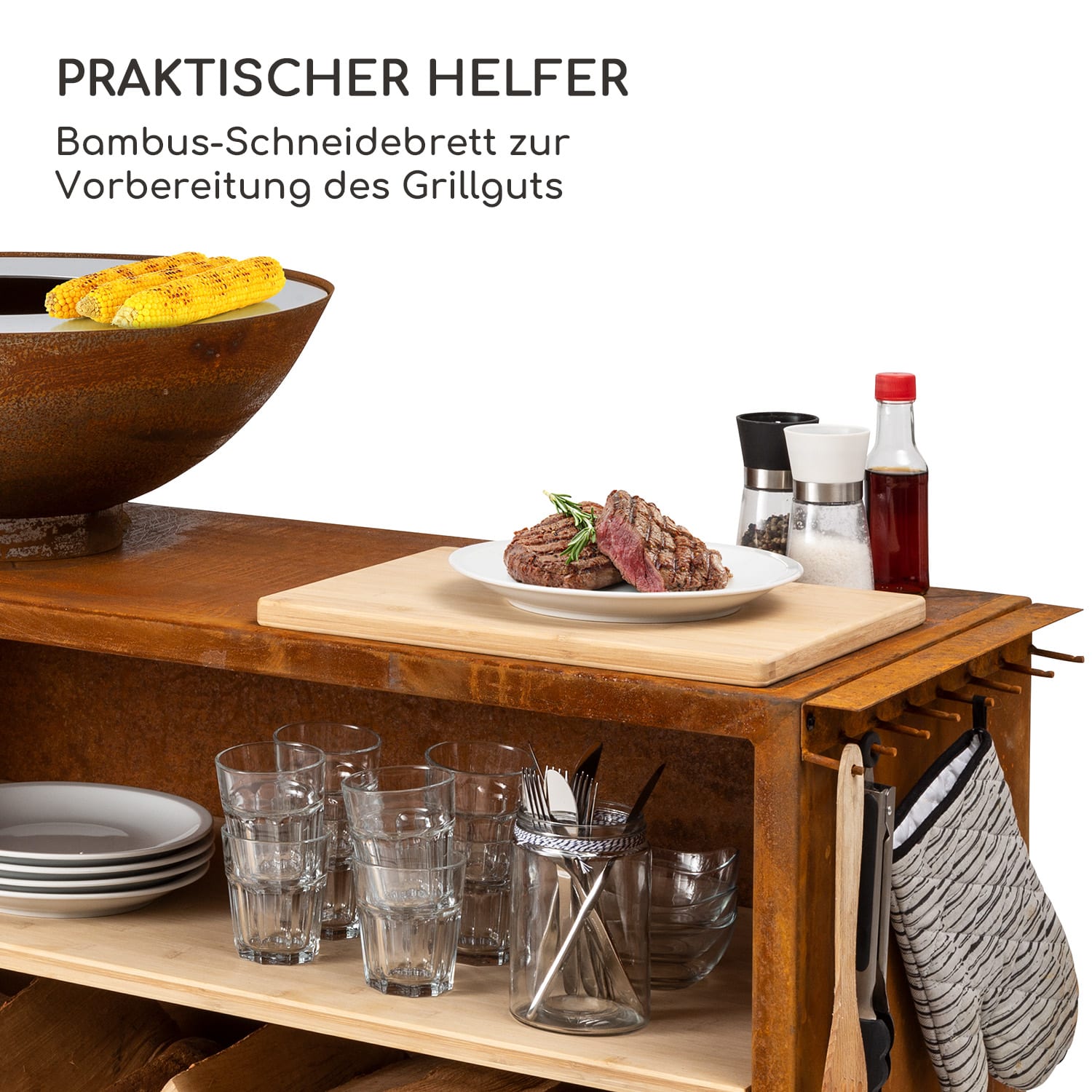 Savage 2.0 Wide Feuerschale Grill Bambus-Schneidebrett Wetterschutz Wagen | Rost