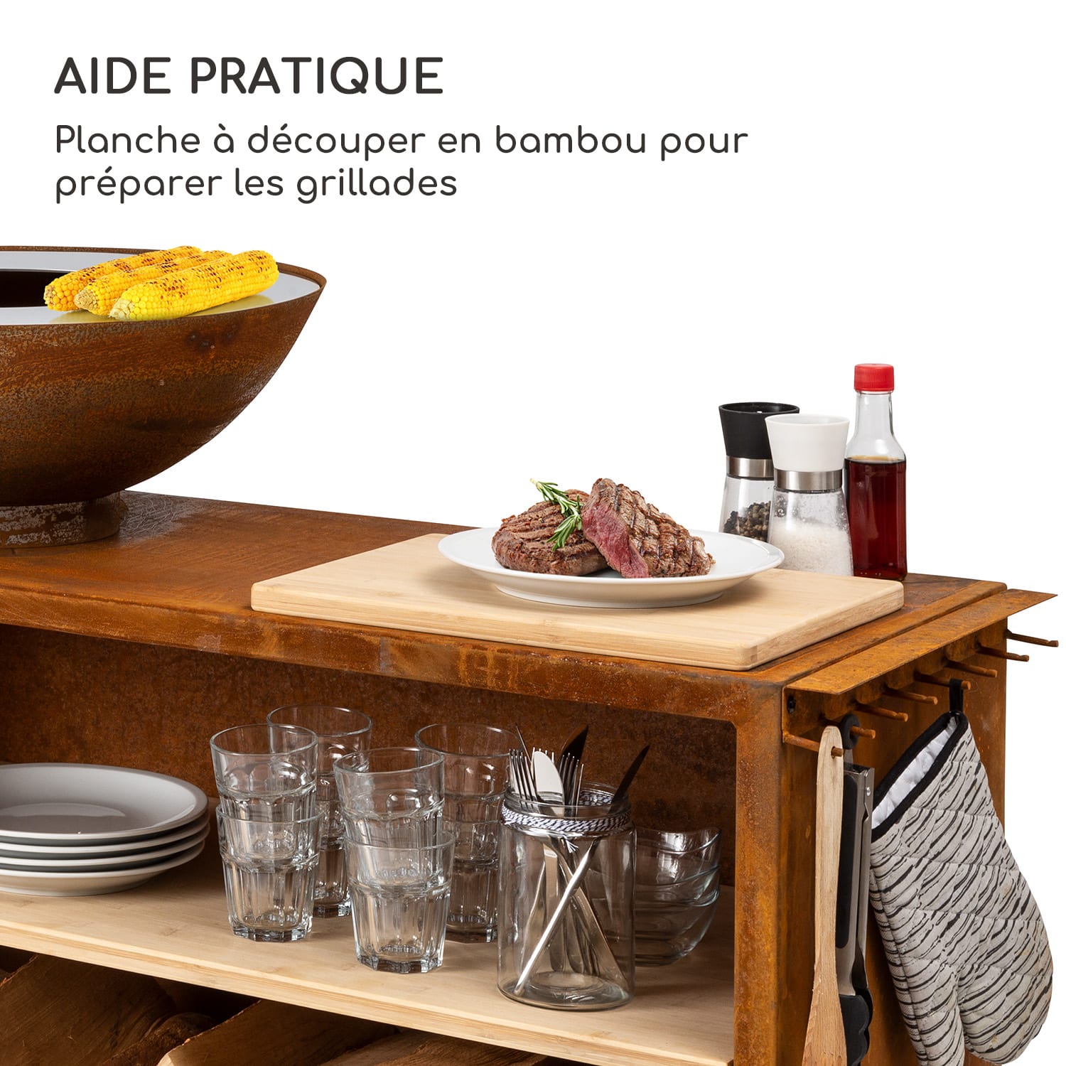 Savage 2.0 Wide vuurschaal met grill bamboe snijplank incl. regenhoes Trolley | Roest