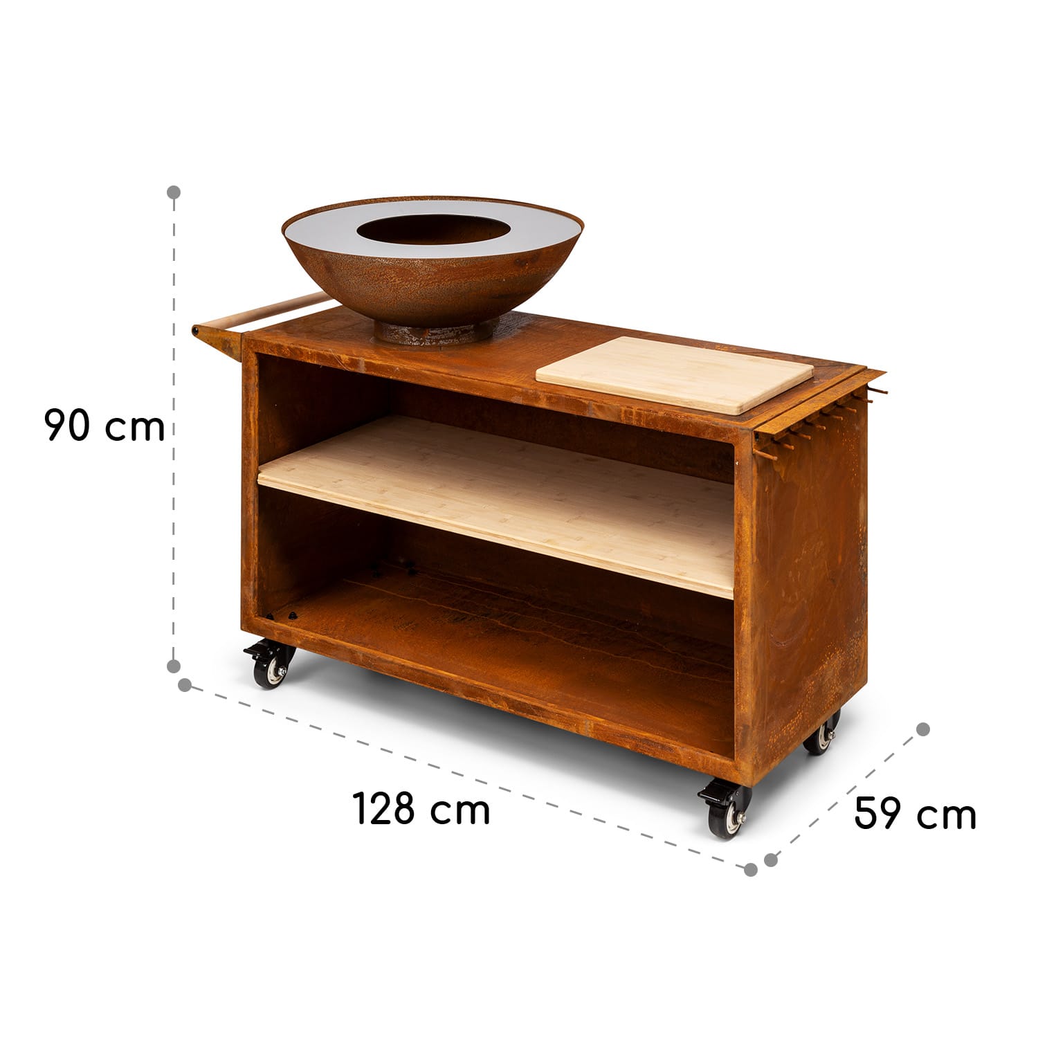 Savage 2.0 Wide, ognjišče z žarom, bambusova deska za rezanje, zaščitni pokrov Voziček | Rjasta