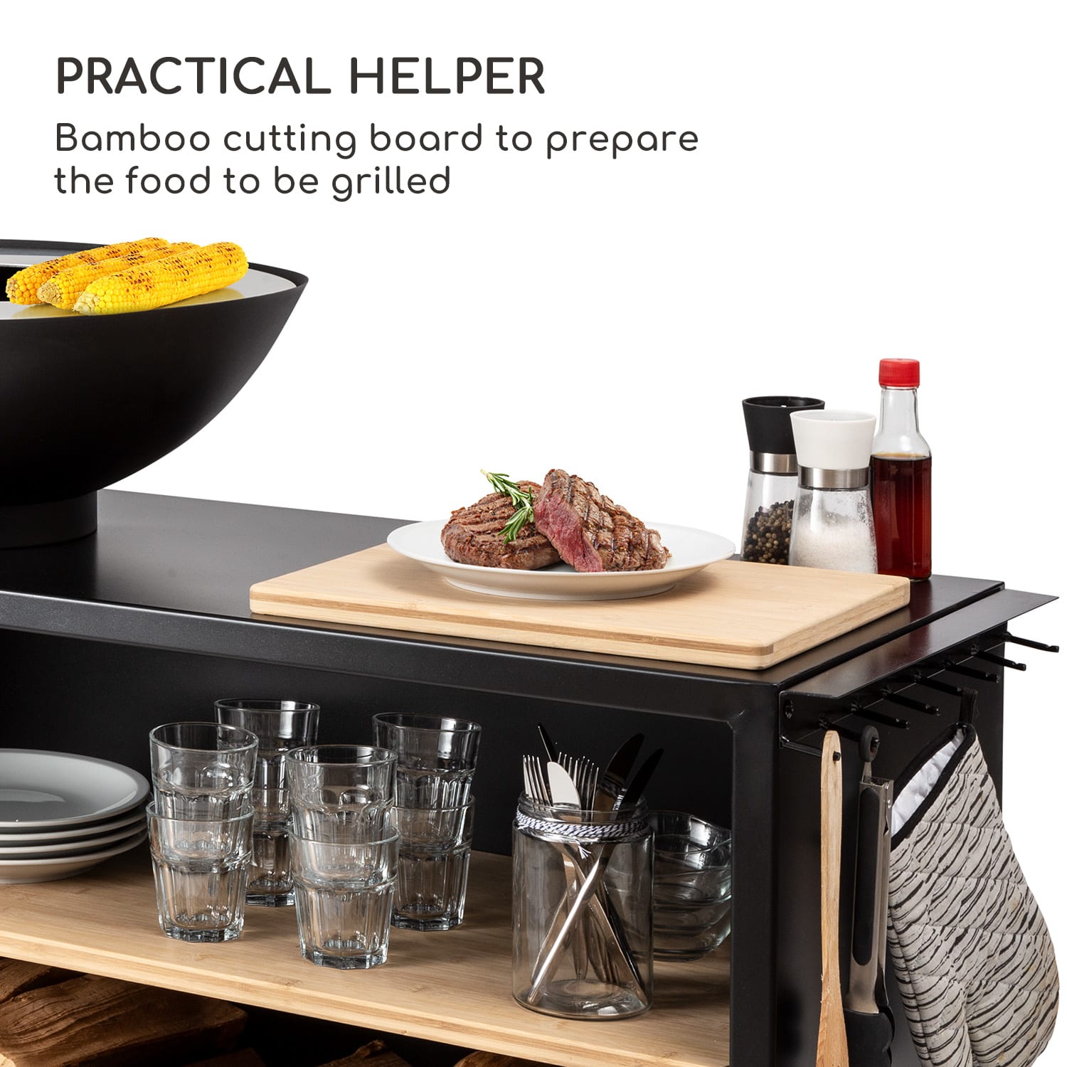 Savage 2.0 Wide, ognjišče z žarom, bambusova deska za rezanje, zaščitni pokrov Voziček | Črna