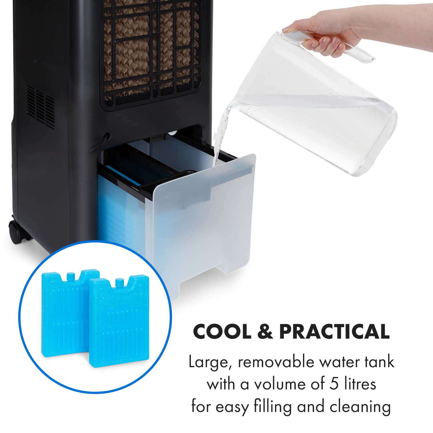 Maxflow Smart, klimator 3 w 1, wentylator, nawilżacz powietrza, 5 l, Wi-Fi, pilot, 2 x wkład chłodzący Czarny