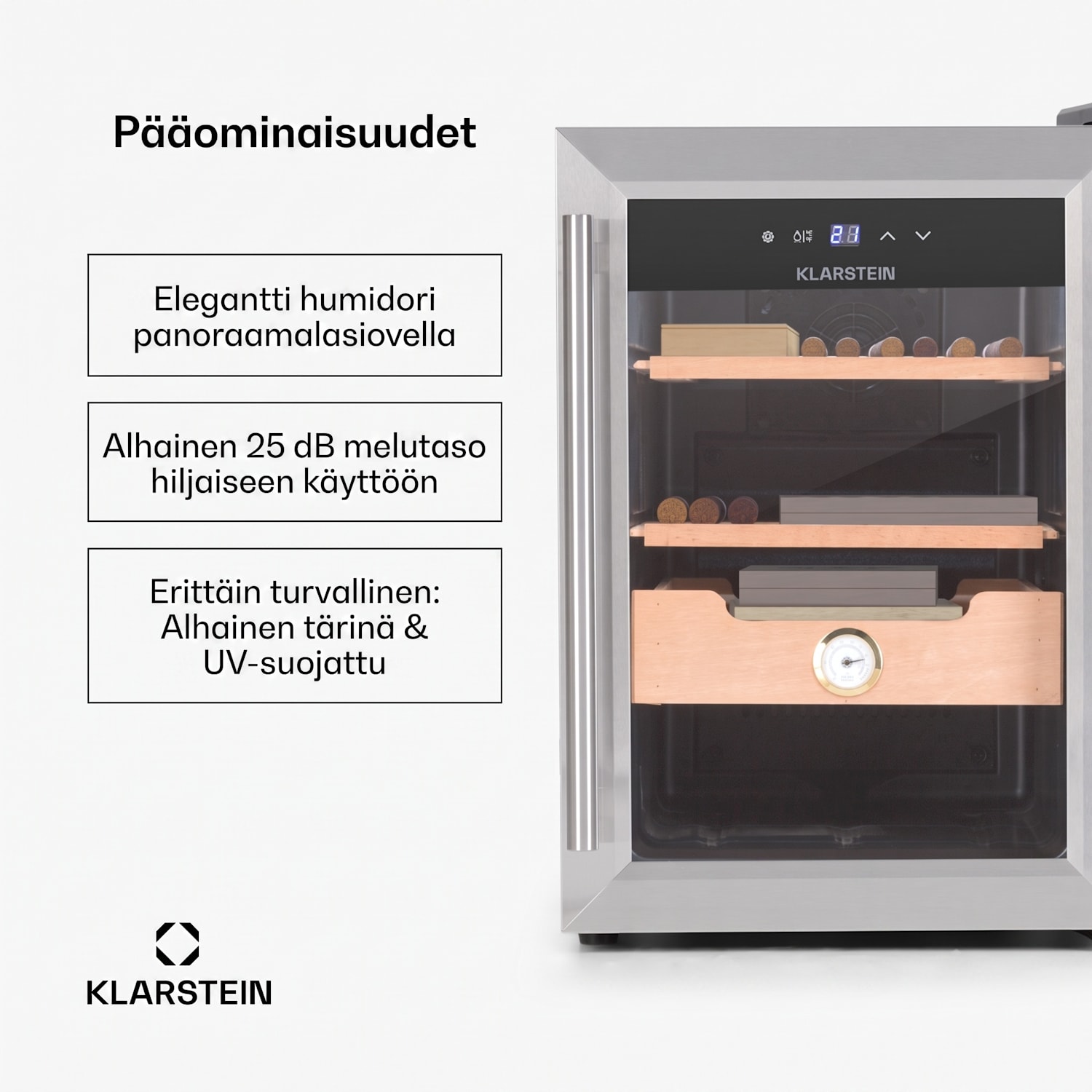 Klarstein El Presidente 37 sikarihumidori 37 l  2 hyllyä 1 laatikko setripuuta Hopea