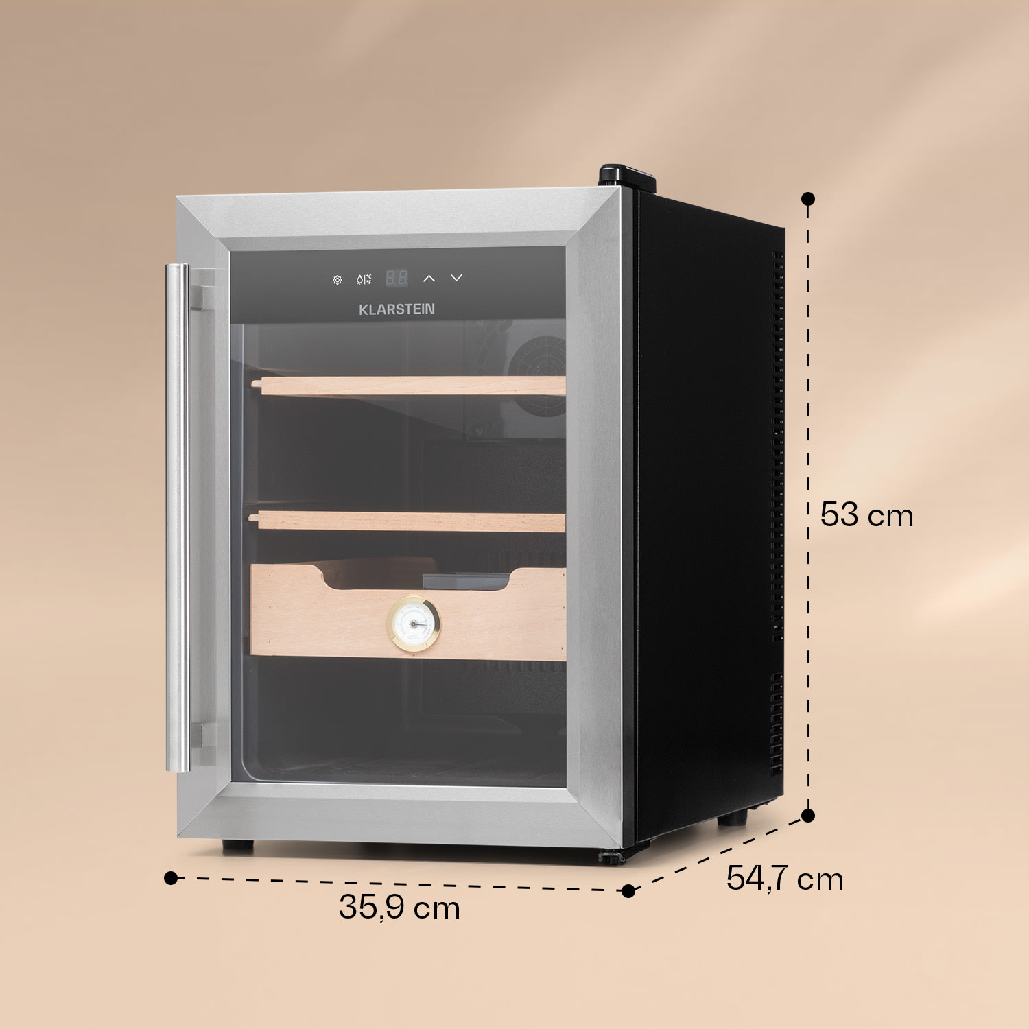 Klarstein El Presidente 37 sikarihumidori 37 l  2 hyllyä 1 laatikko setripuuta Hopea