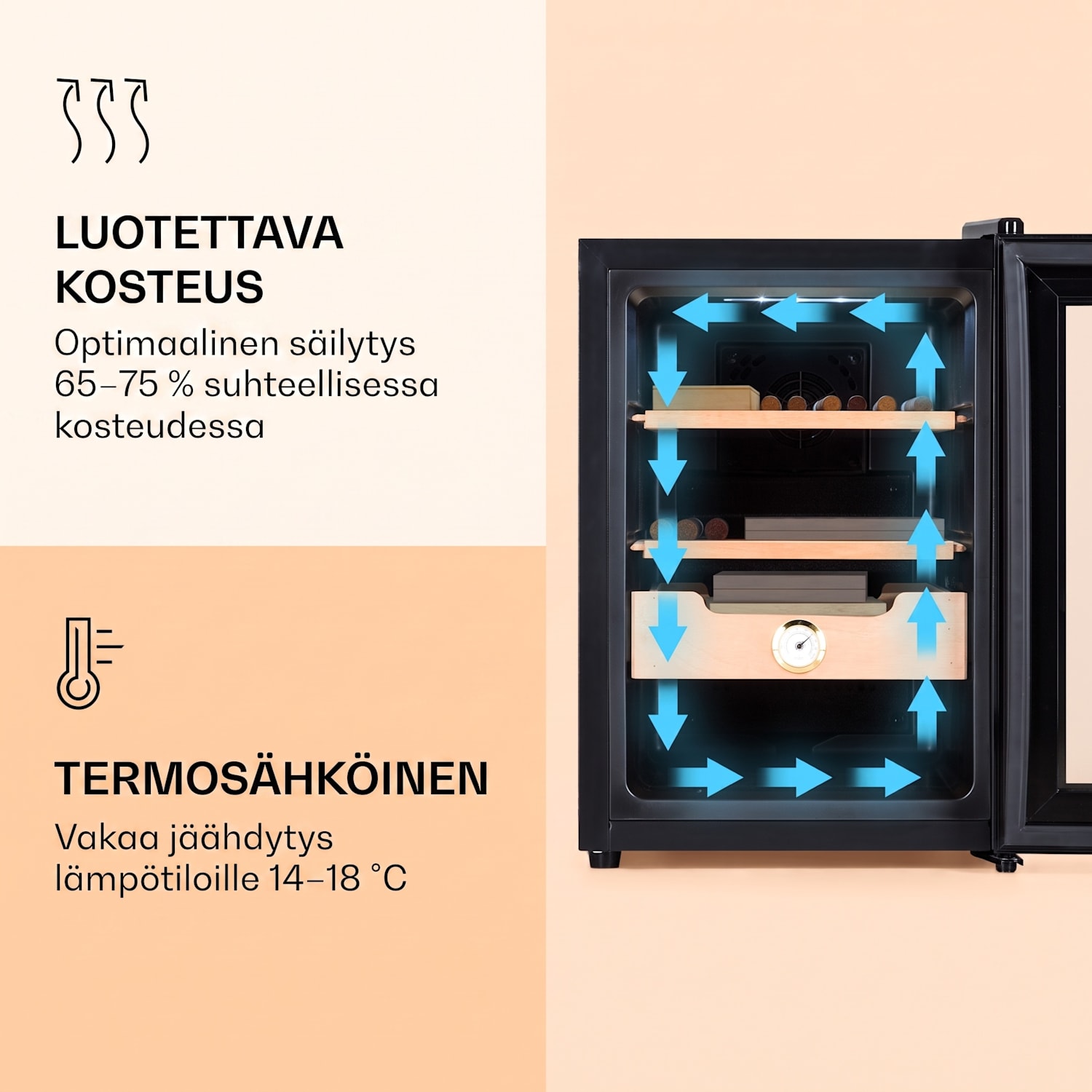 Klarstein El Presidente 37 sikarihumidori 37 l  2 hyllyä 1 laatikko setripuuta Musta