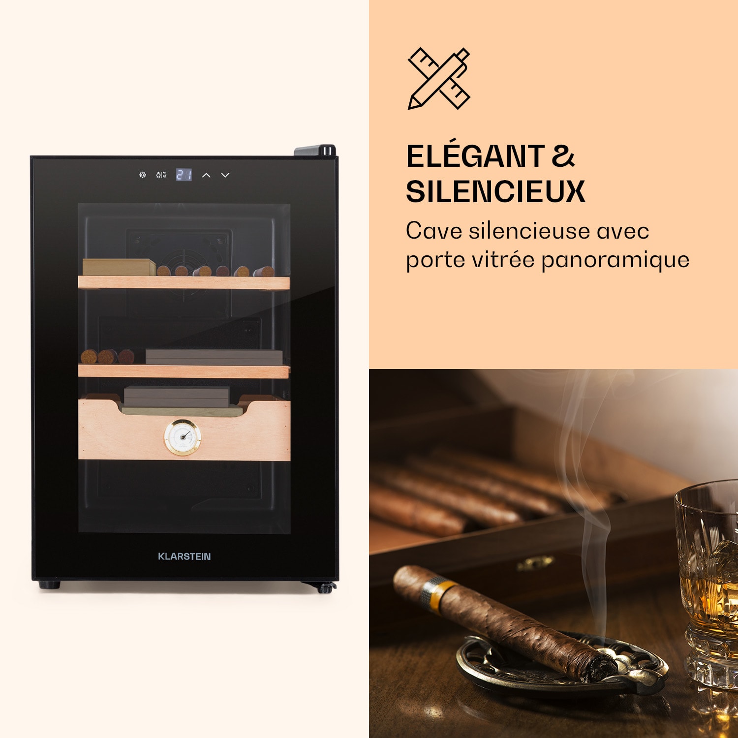 Klarstein El Presidente 37 Cave à cigares 37 l  2 clayettes 1 compartiment bois de cèdre Noir