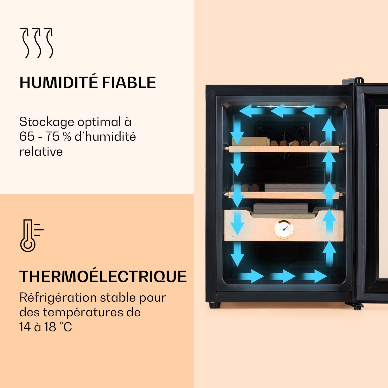 Klarstein El Presidente 37 Cave à cigares 37 l  2 clayettes 1 compartiment bois de cèdre Noir