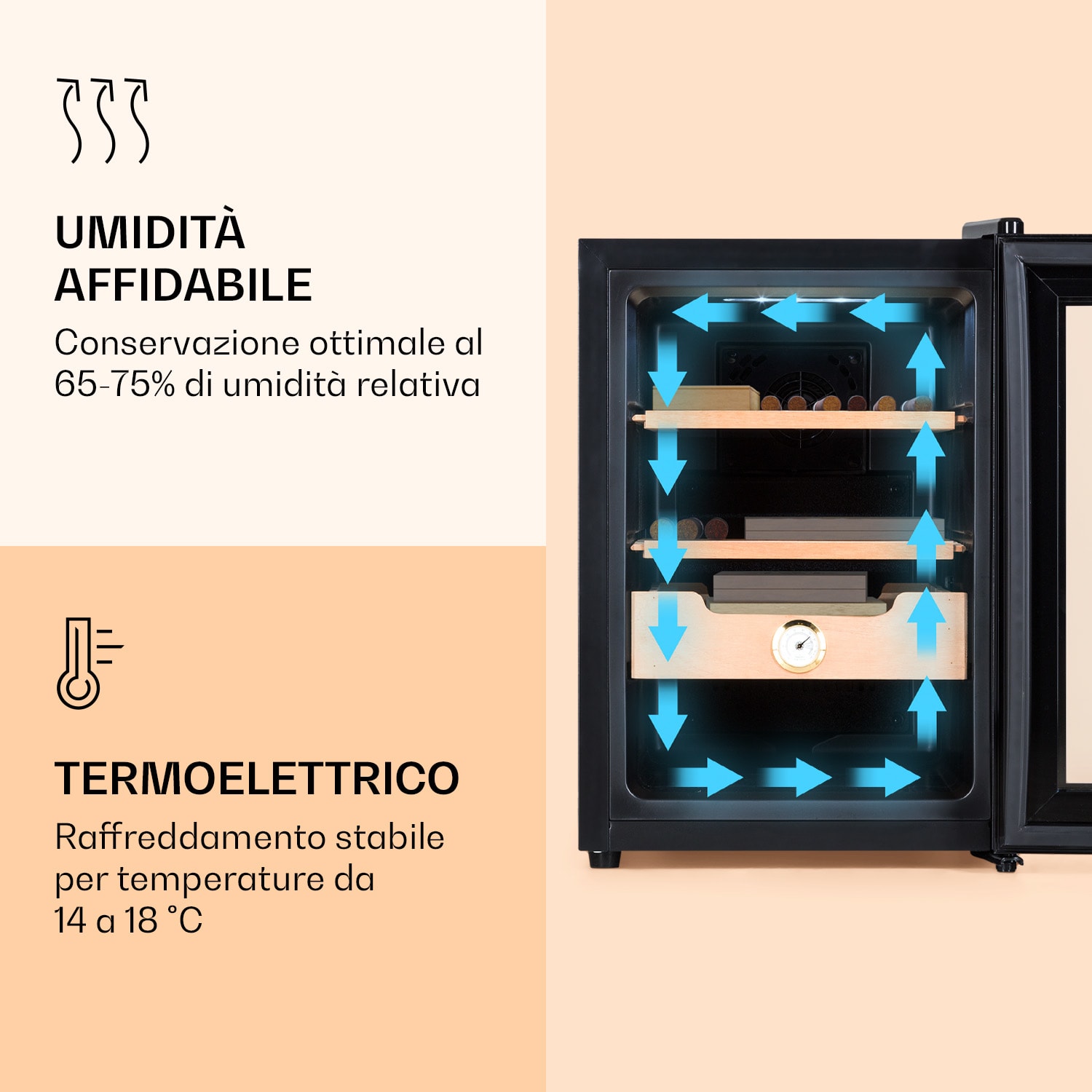 Klarstein El Presidente 37 umidificatore per sigari, 37L, 2 ripiani, 1 cassetto in legno di cedro Nero