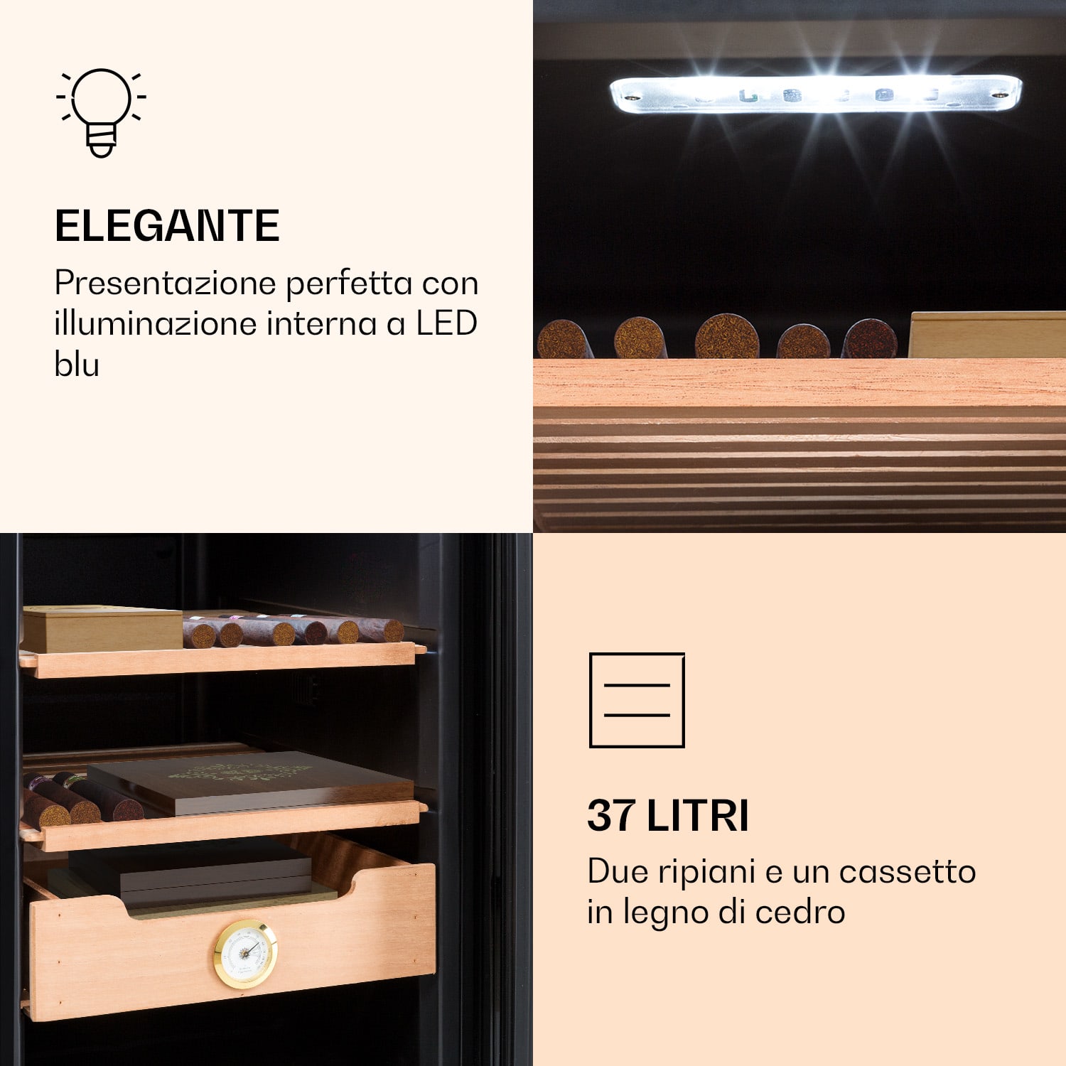 Klarstein El Presidente 37 umidificatore per sigari, 37L, 2 ripiani, 1 cassetto in legno di cedro Nero