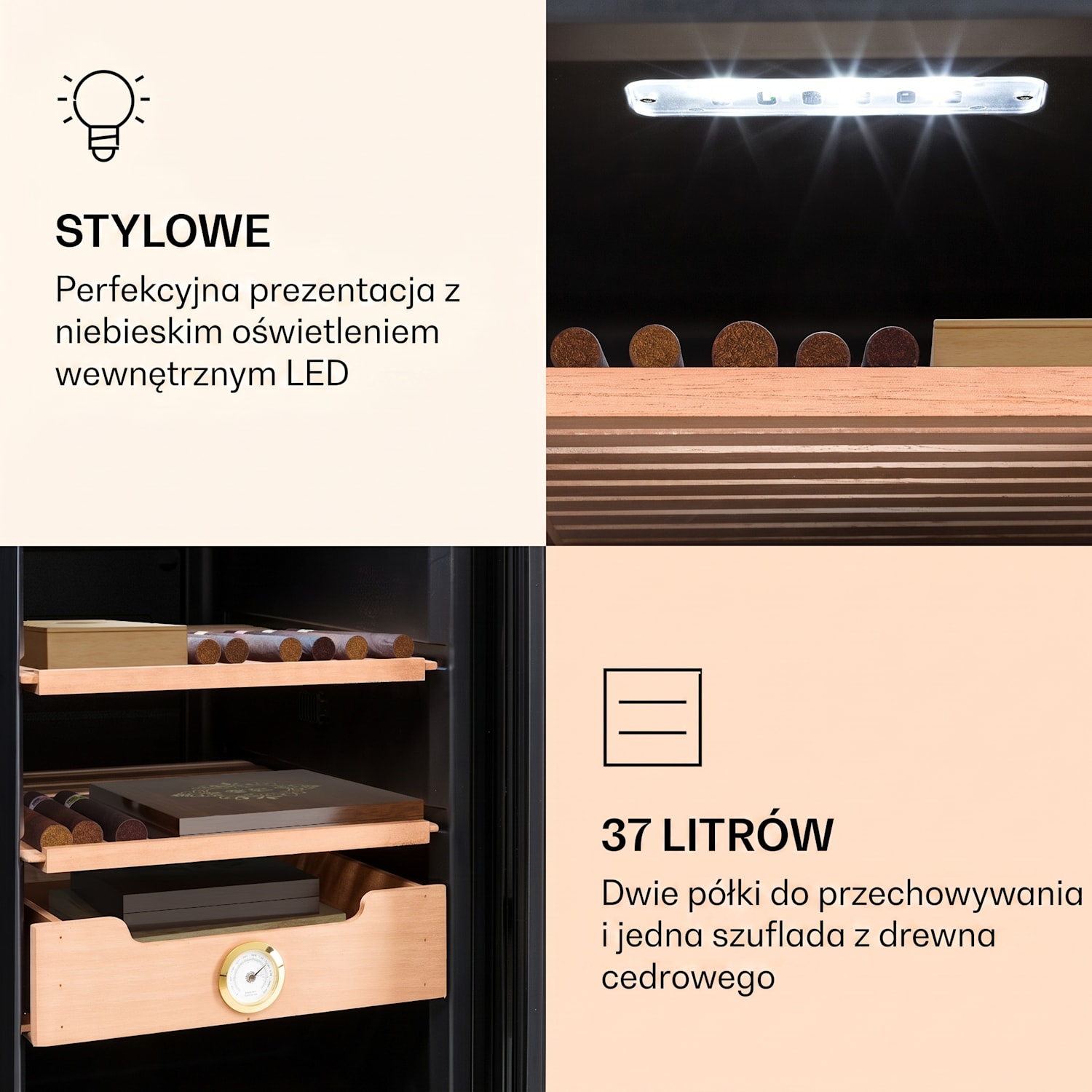 El Presidente 37, humidor do cygar, 37 l, 2 szuflady, 1 przegródka z drewna cedrowego Czarny