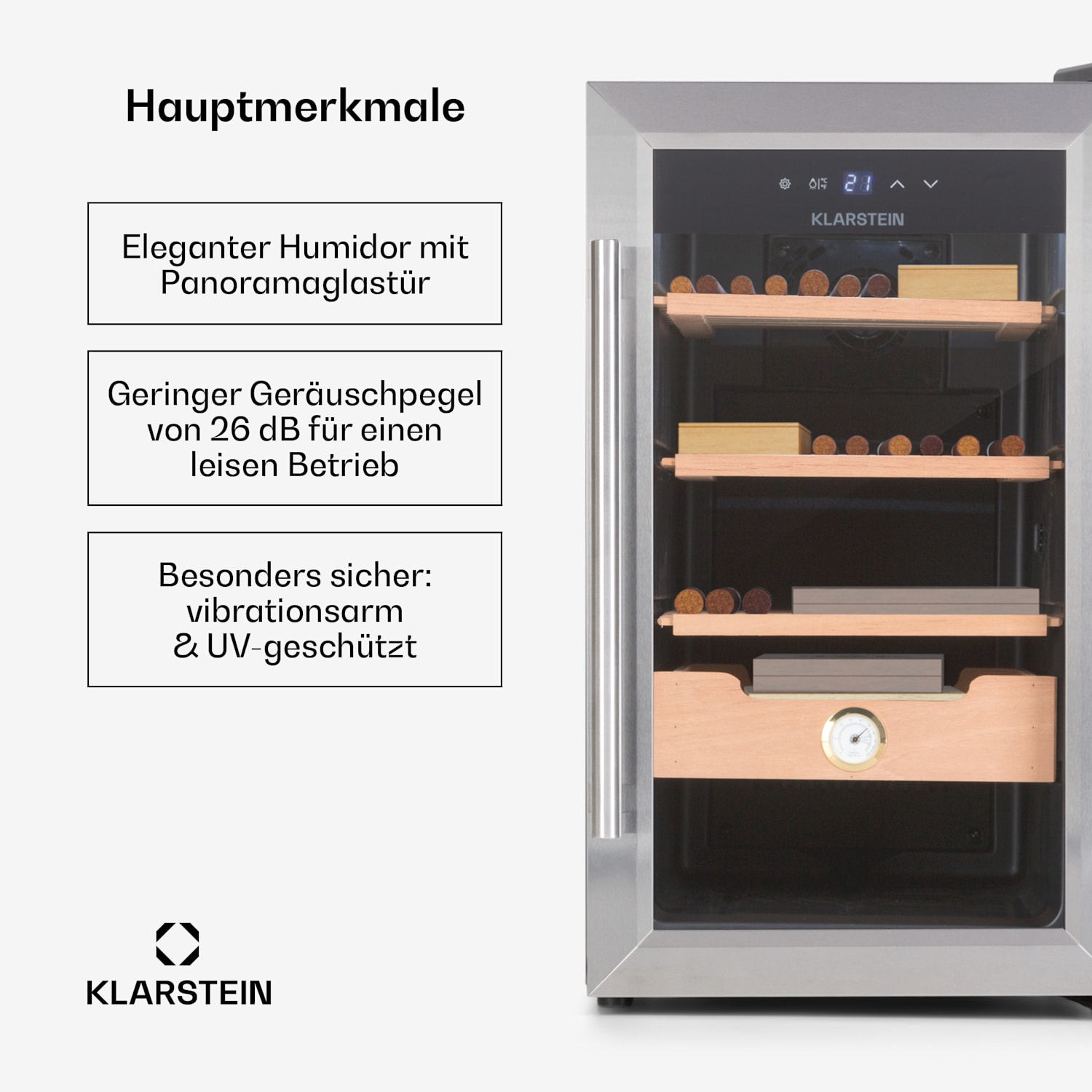 Klarstein El Presidente 48 Zigarren-Humidor 48L  3 Einschübe 1 Fach Zedernholz Silber