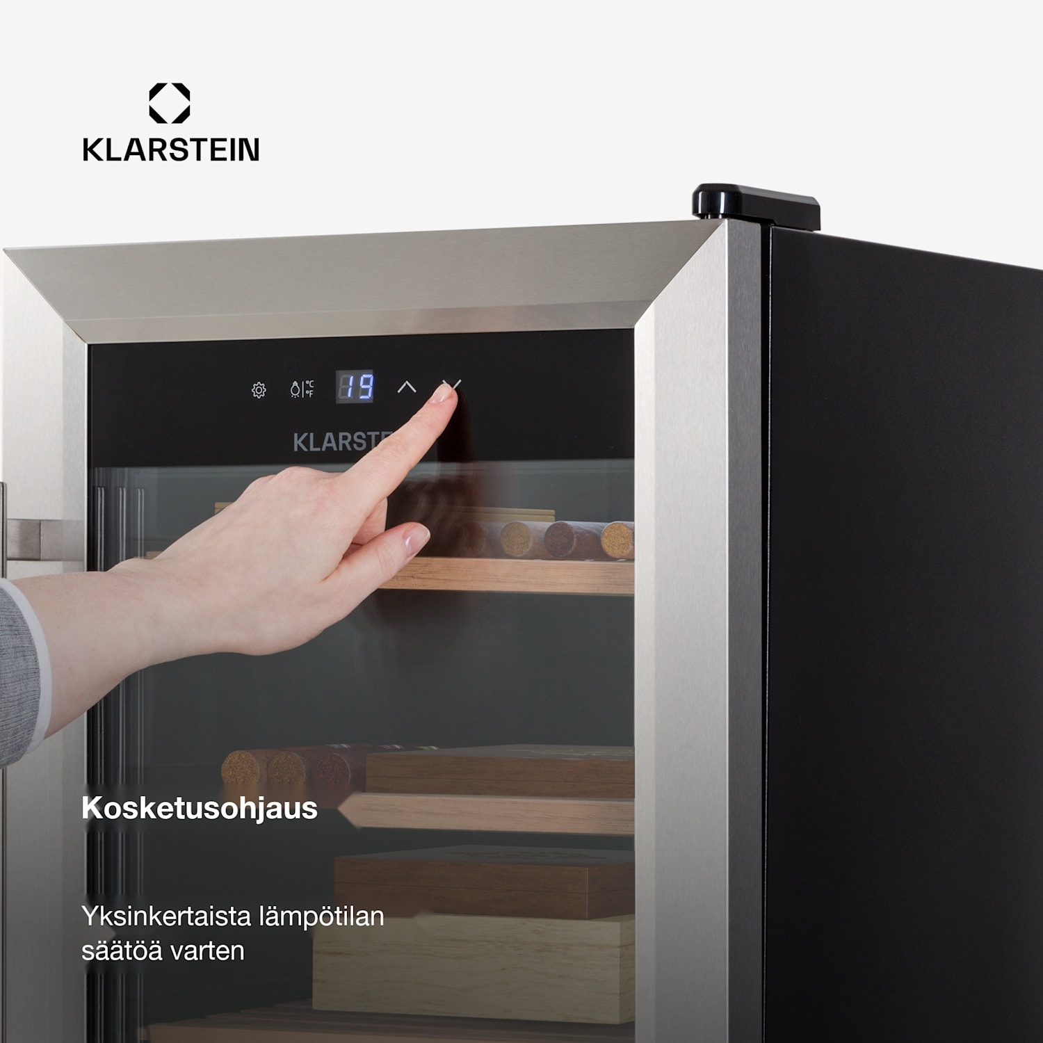 Klarstein El Presidente 48 sikarihumidori 48 l  3 hyllyä 1 laatikko setripuuta Hopea