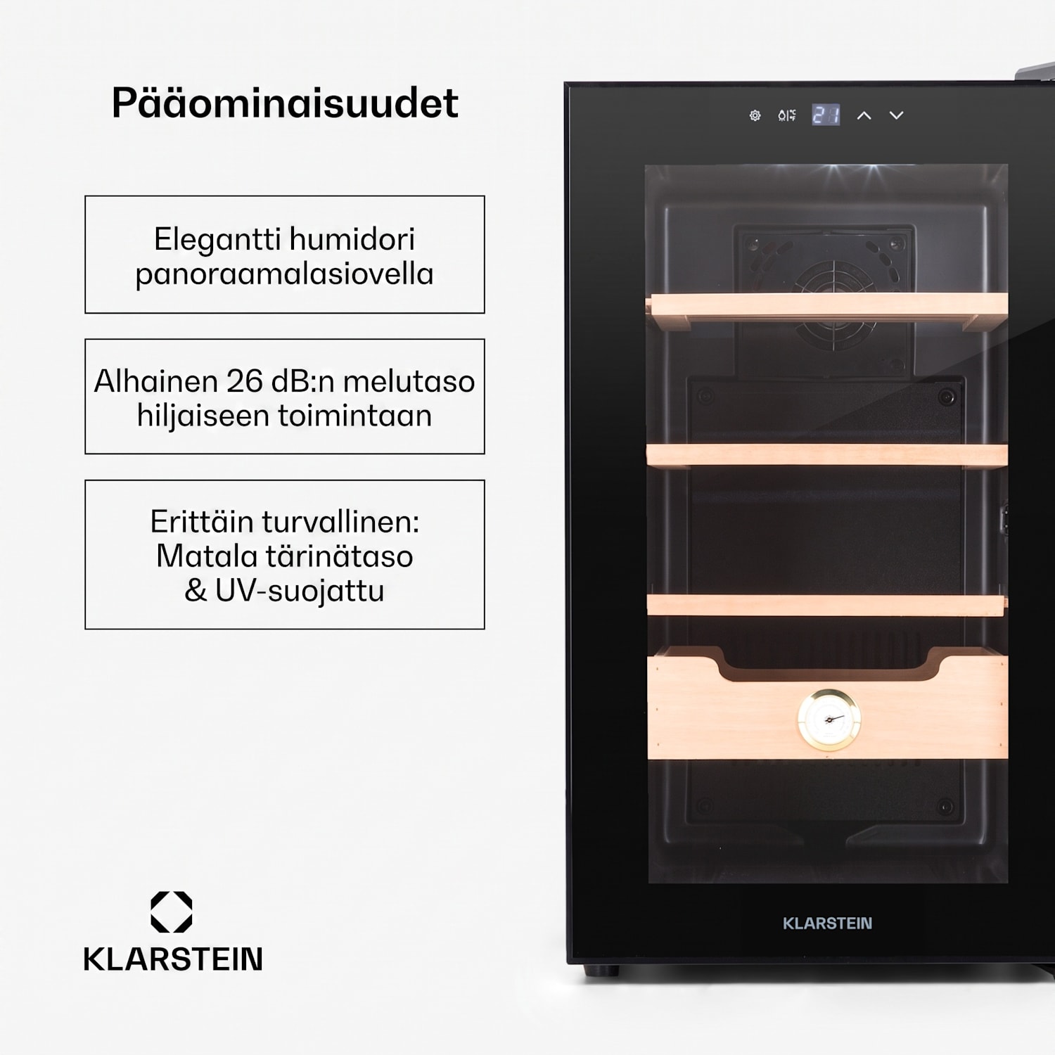 Klarstein El Presidente 48 sikarihumidori 48 l  3 hyllyä 1 laatikko setripuuta Musta