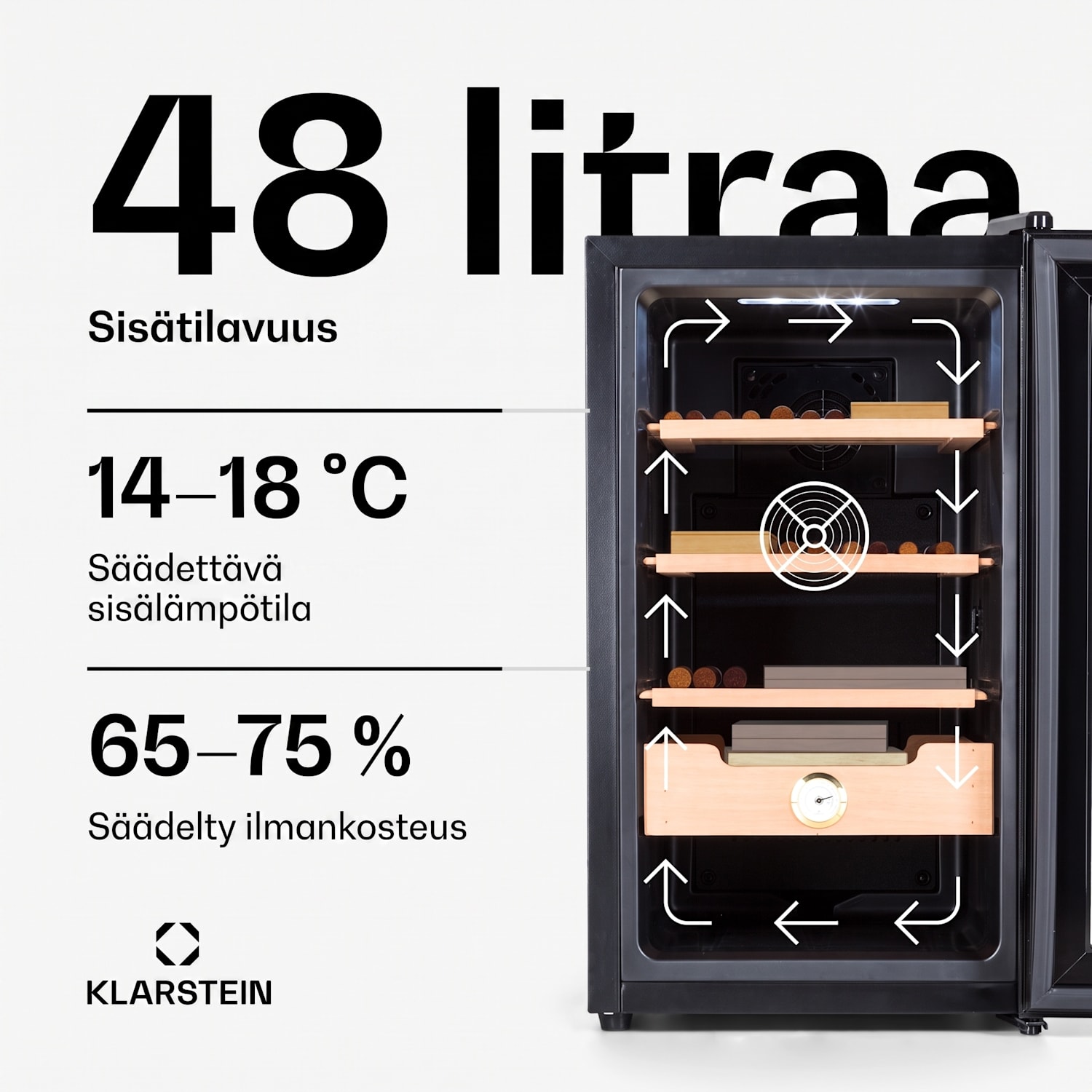 Klarstein El Presidente 48 sikarihumidori 48 l  3 hyllyä 1 laatikko setripuuta Musta