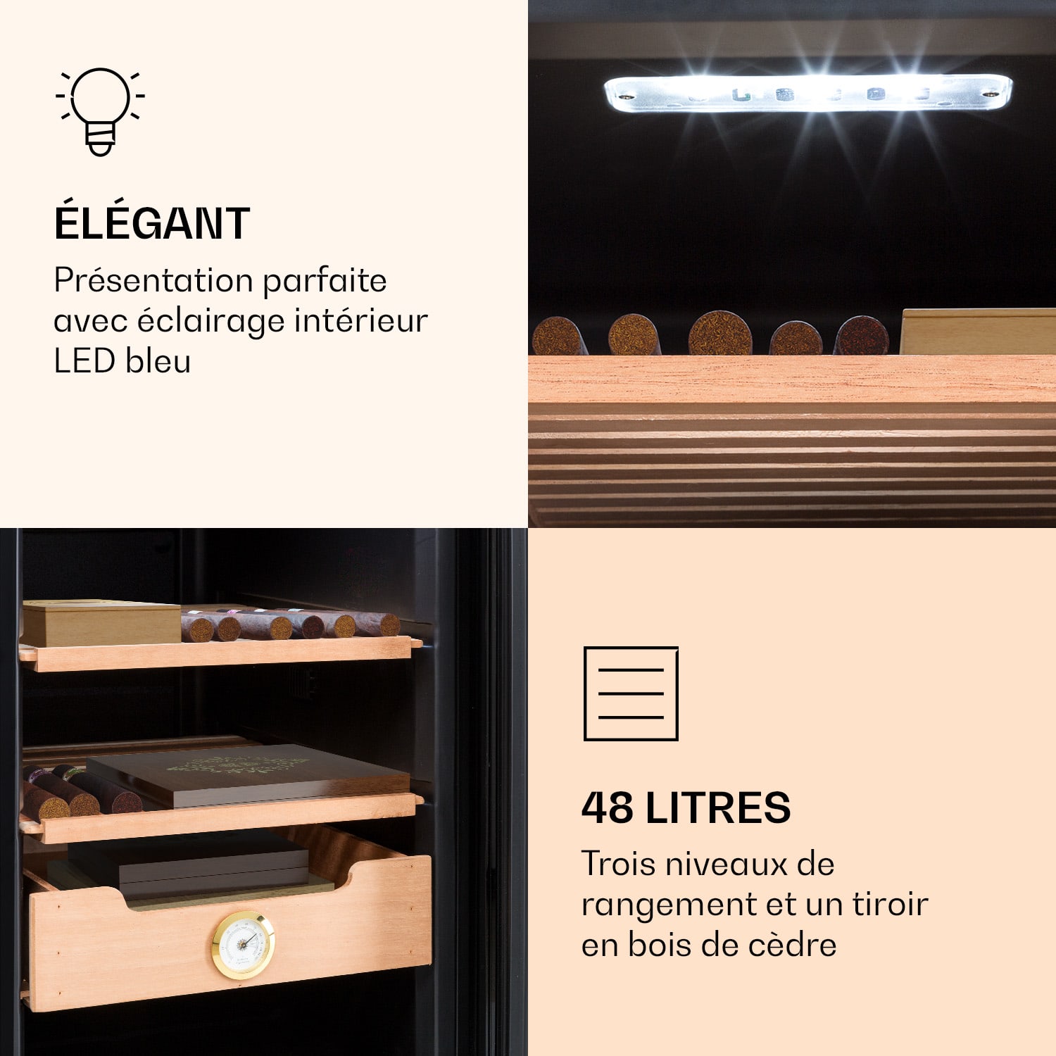 Klarstein El Presidente 48 Sigaarhumidor 48L  3 schappen 1 cederhouten opbergvak Zwart