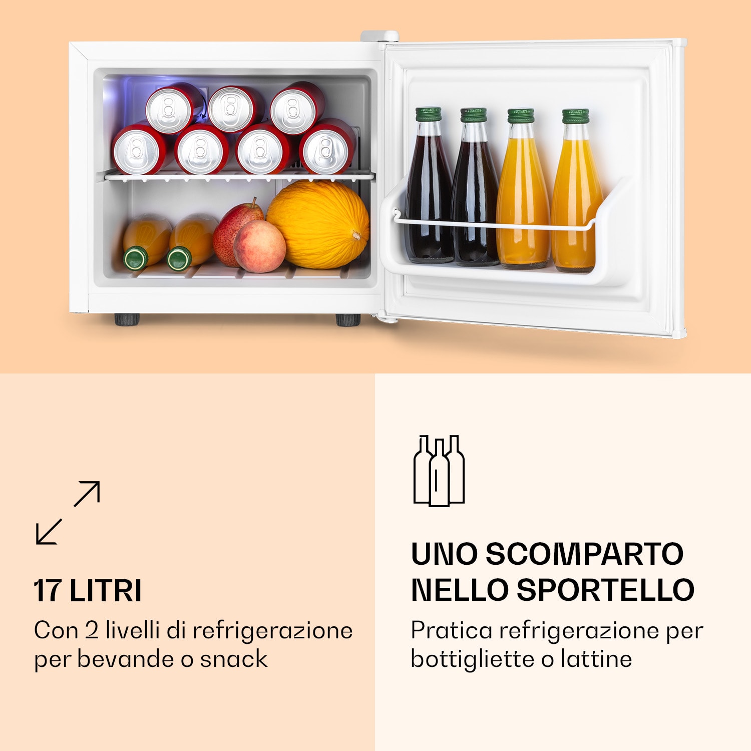 Geheimversteck - Mini frigo, 2 livelli, 17 litri, 26 dB, termoelettrico Bianco