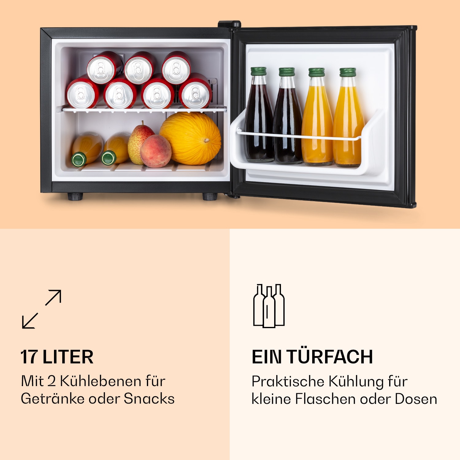 Geheimversteck Mini-Kühlschrank 2 Ebenen 17Ltr. 26dB thermoelektrisch Silber-Metallic