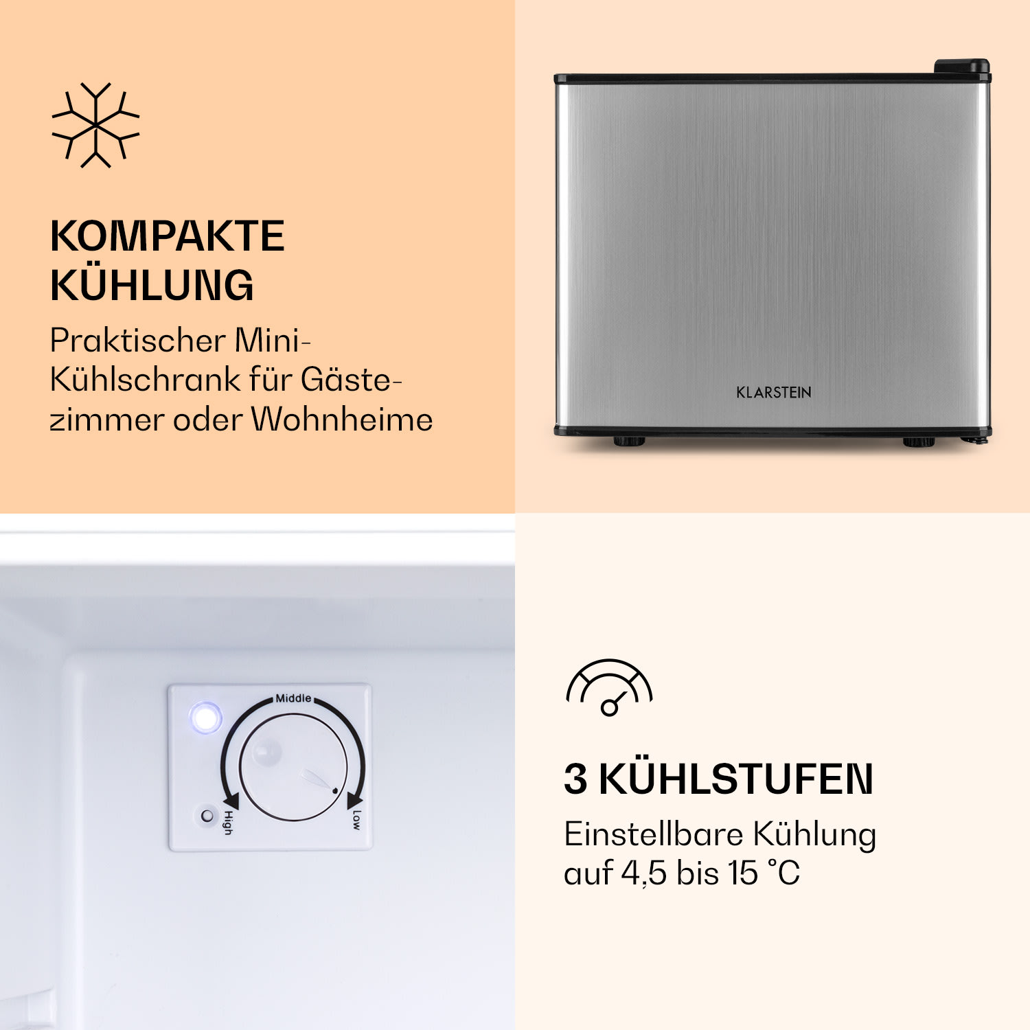 Geheimversteck Mini-Kühlschrank 2 Ebenen 17Ltr. 26dB thermoelektrisch Silber-Metallic