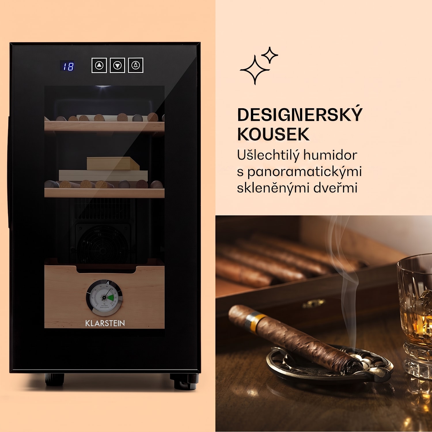 El Presidente 23, humidor na doutníky, 23 l, 45 W, LED, dotykové ovládání, bukové dřevo Černá