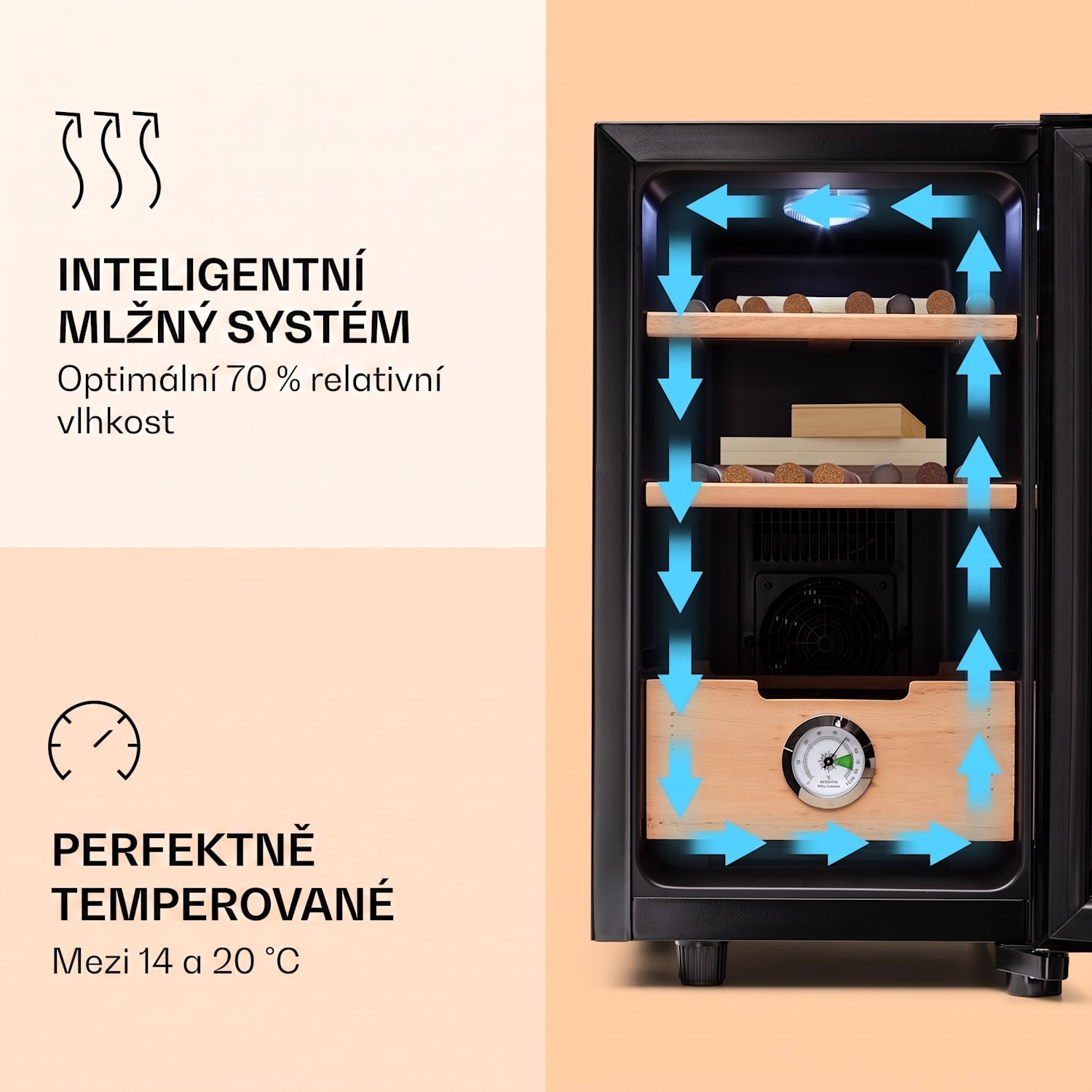 El Presidente 23, humidor na doutníky, 23 l, 45 W, LED, dotykové ovládání, bukové dřevo Černá