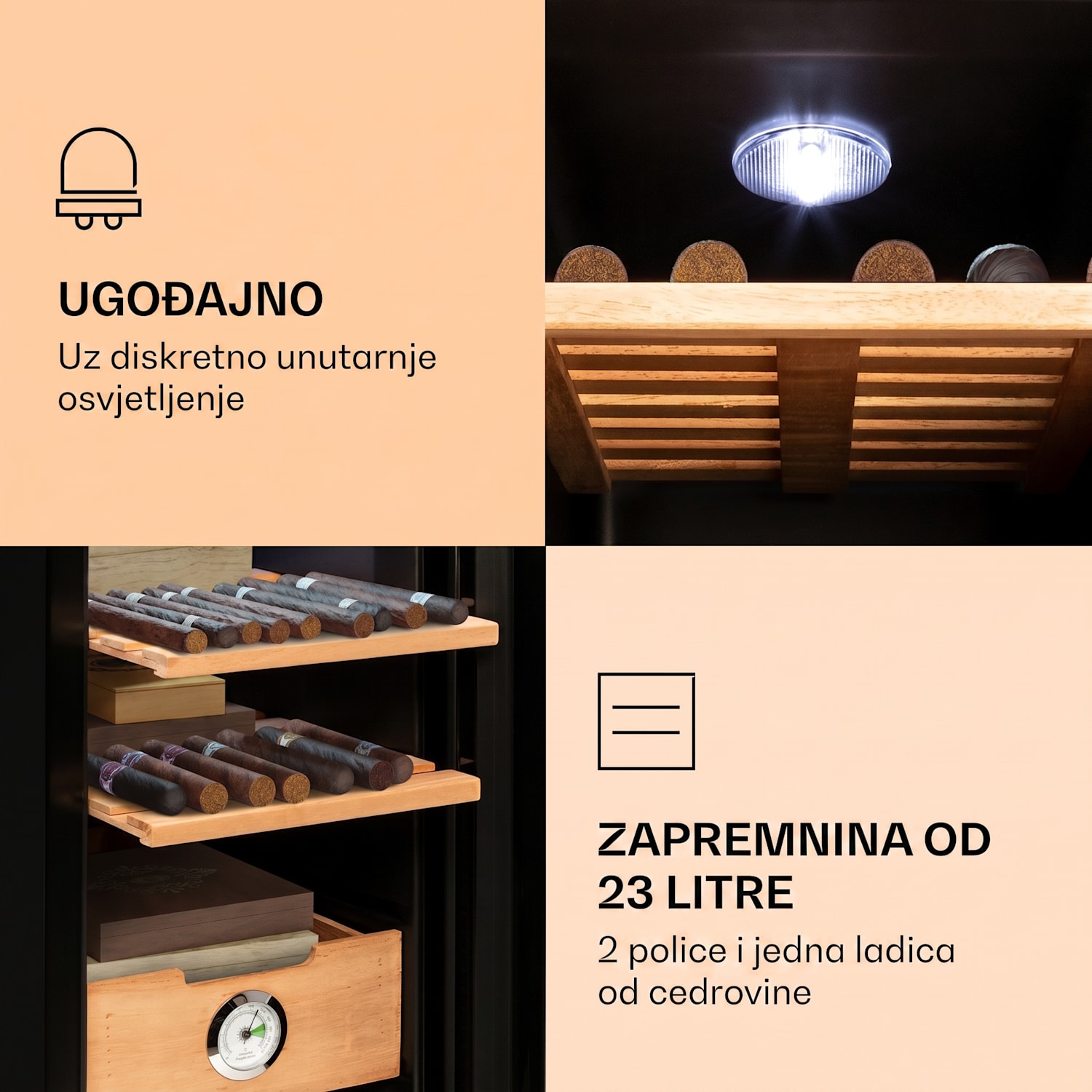 El Presidente 23, humidor, 45 W, kontrola na dodir, bukovo drvo, 23L, LED Crna