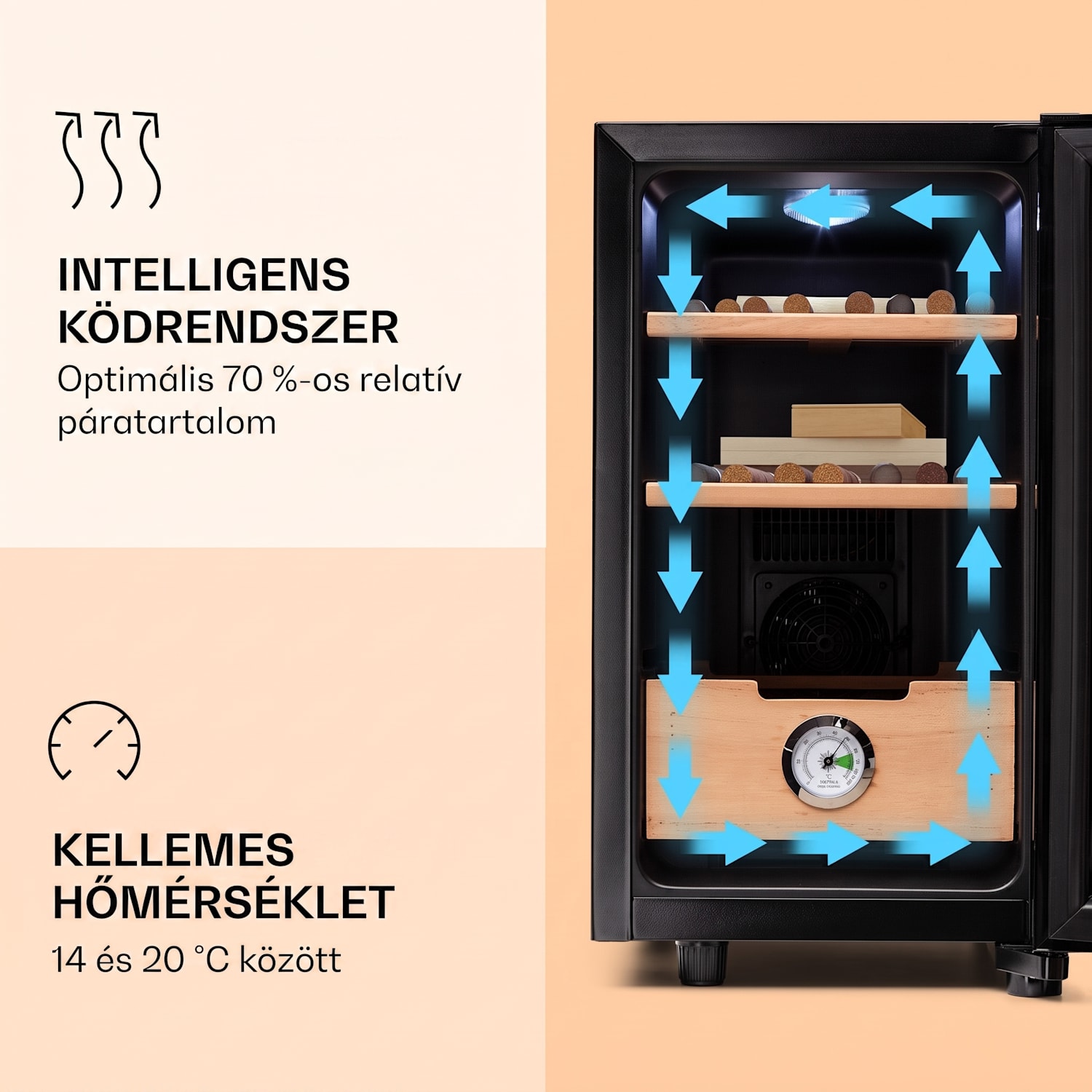El Presidente 23, humidor, 23 liter, 45 W, érintős vezérlés, bükkfa, LED Fekete