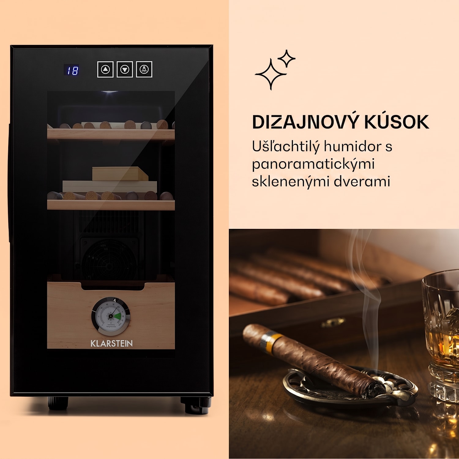 El Presidente 23, humidor na cigary, 23 l, 45 W, dotykové ovládanie, bukové drevo, LED Čierna