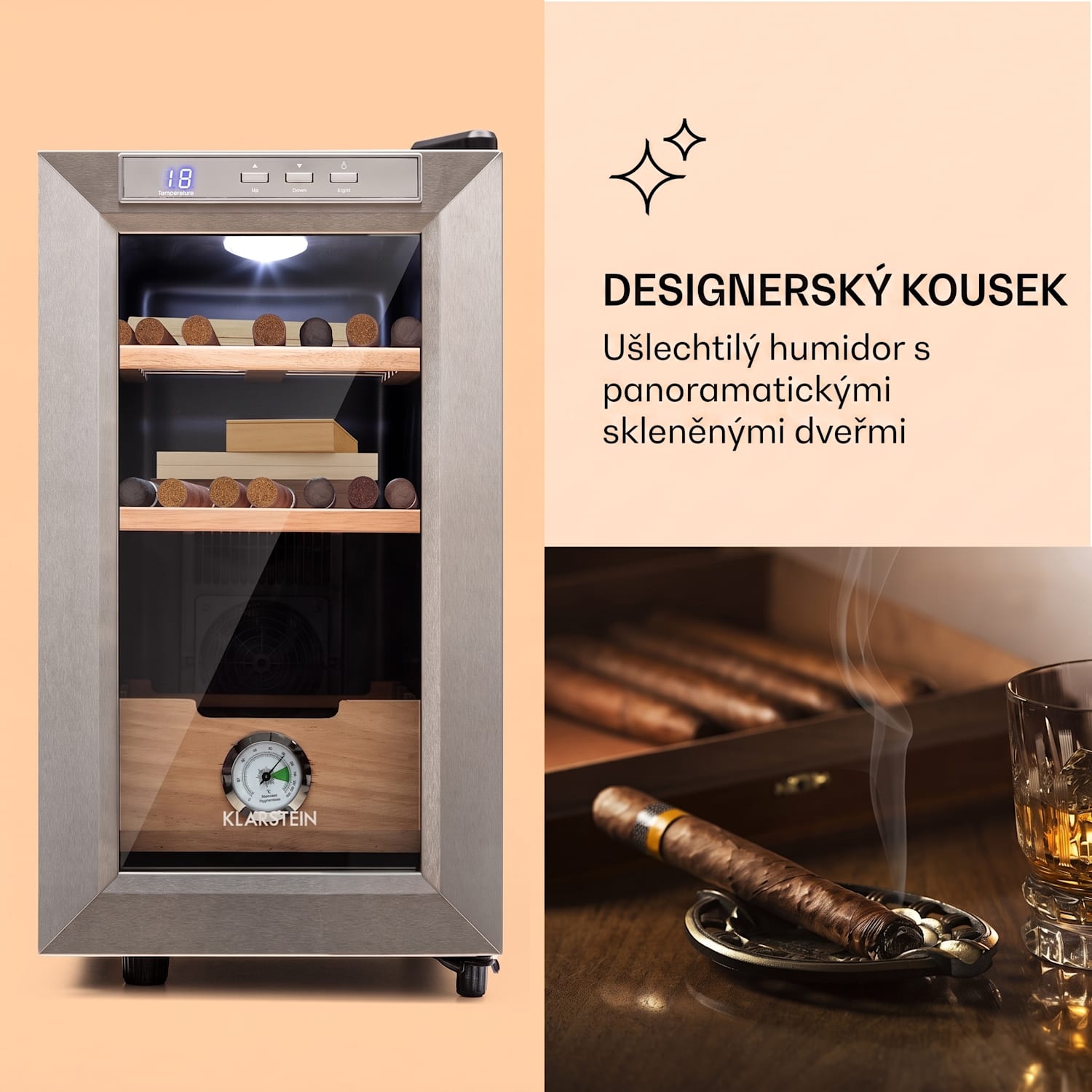 El Presidente 23, humidor na doutníky, 23 l, 45 W, LED, dotykové ovládání, bukové dřevo Stříbrná