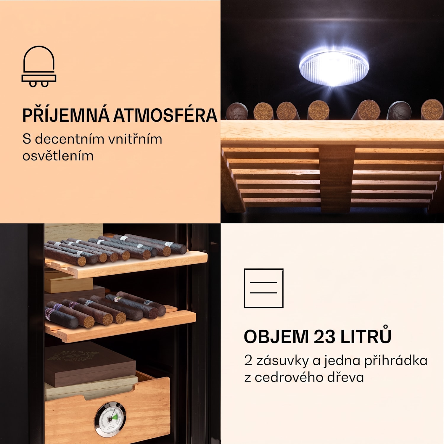 El Presidente 23, humidor na doutníky, 23 l, 45 W, LED, dotykové ovládání, bukové dřevo Stříbrná