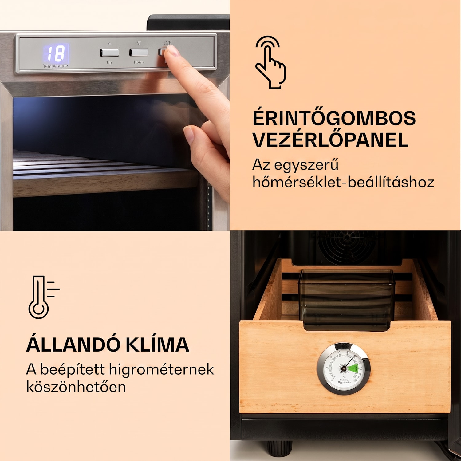 El Presidente 23, humidor, 23 liter, 45 W, érintős vezérlés, bükkfa, LED Ezüst