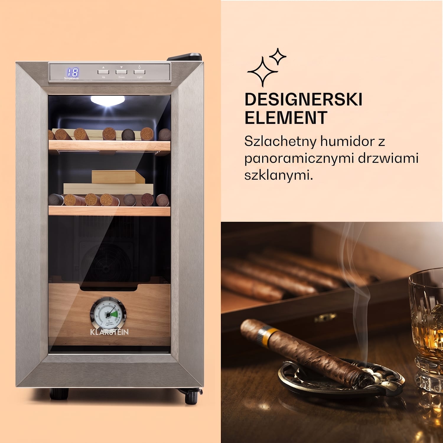 El Presidente 23, humidor do cygar, 45 W, sterowanie dotykowe, drewno bukowe, 23 l, LED Srebrny