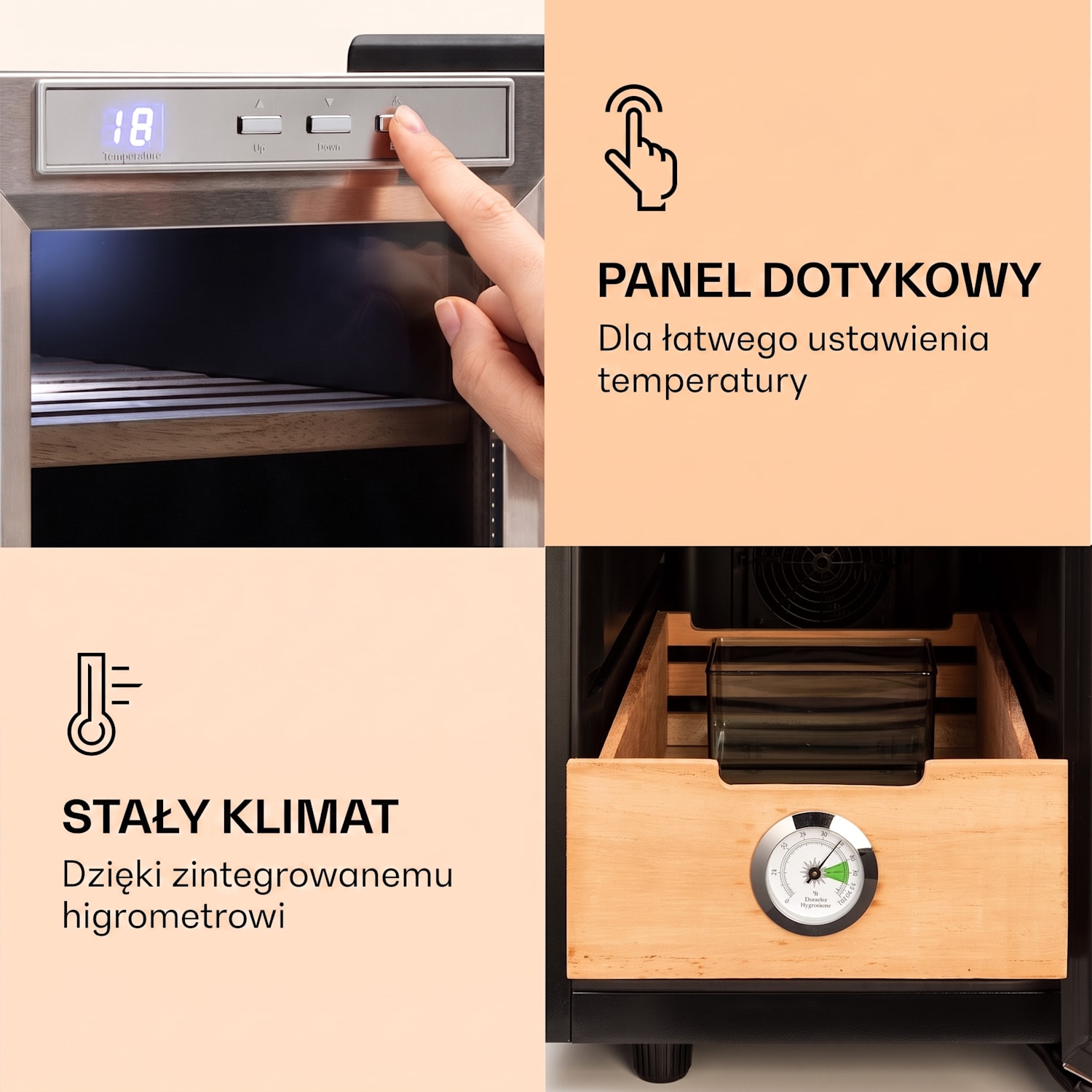 El Presidente 23, humidor do cygar, 45 W, sterowanie dotykowe, drewno bukowe, 23 l, LED Srebrny