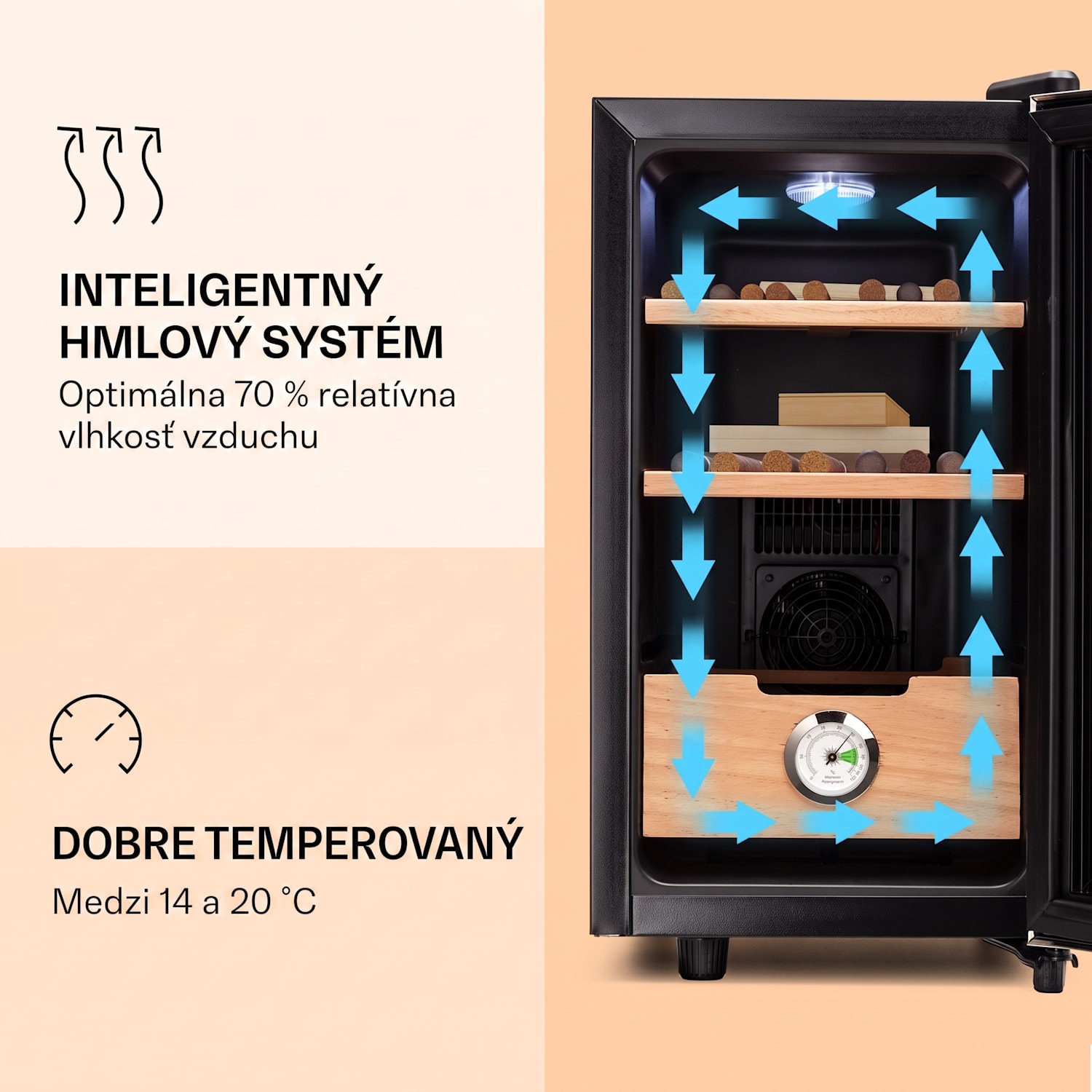 El Presidente 23, humidor na cigary, 23 l, 45 W, dotykové ovládanie, bukové drevo, LED Strieborná