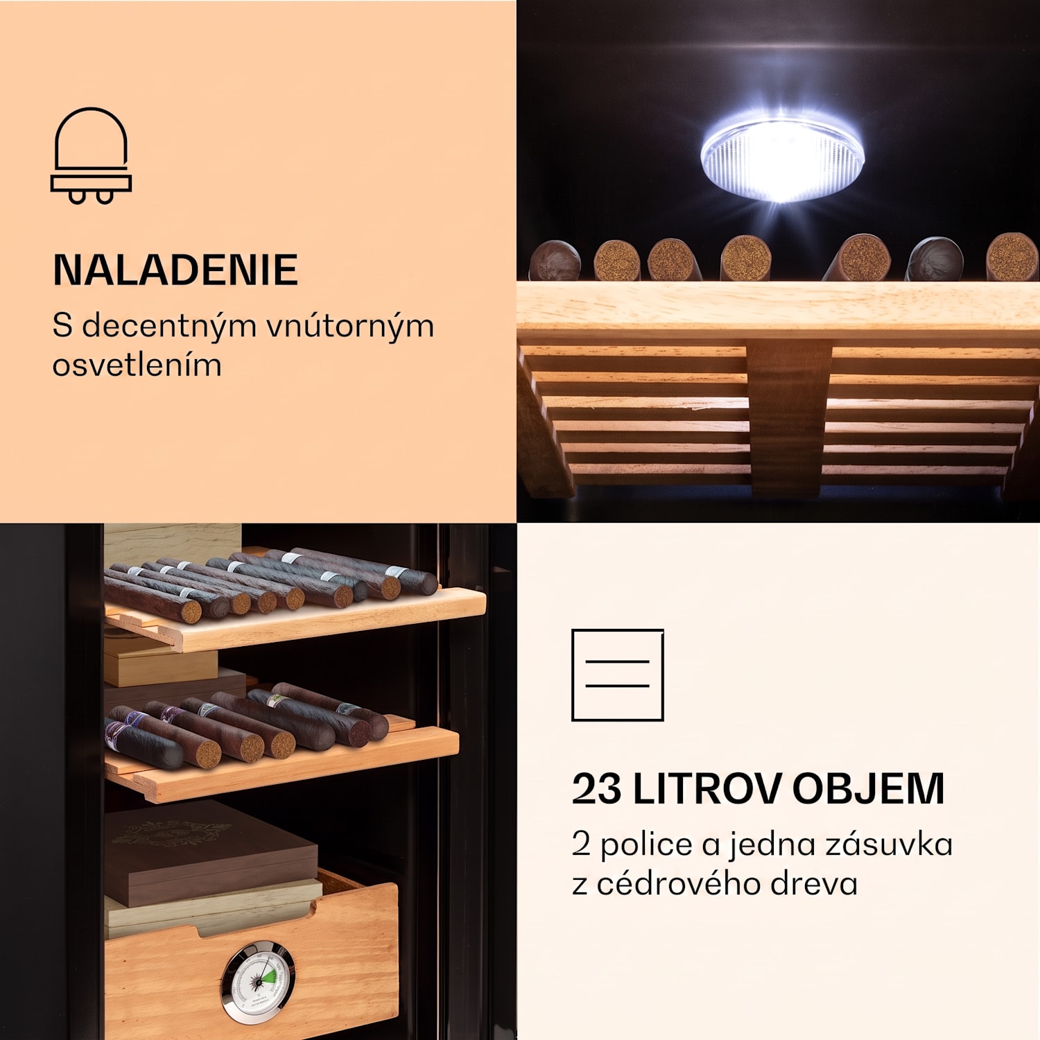 El Presidente 23, humidor na cigary, 23 l, 45 W, dotykové ovládanie, bukové drevo, LED Strieborná