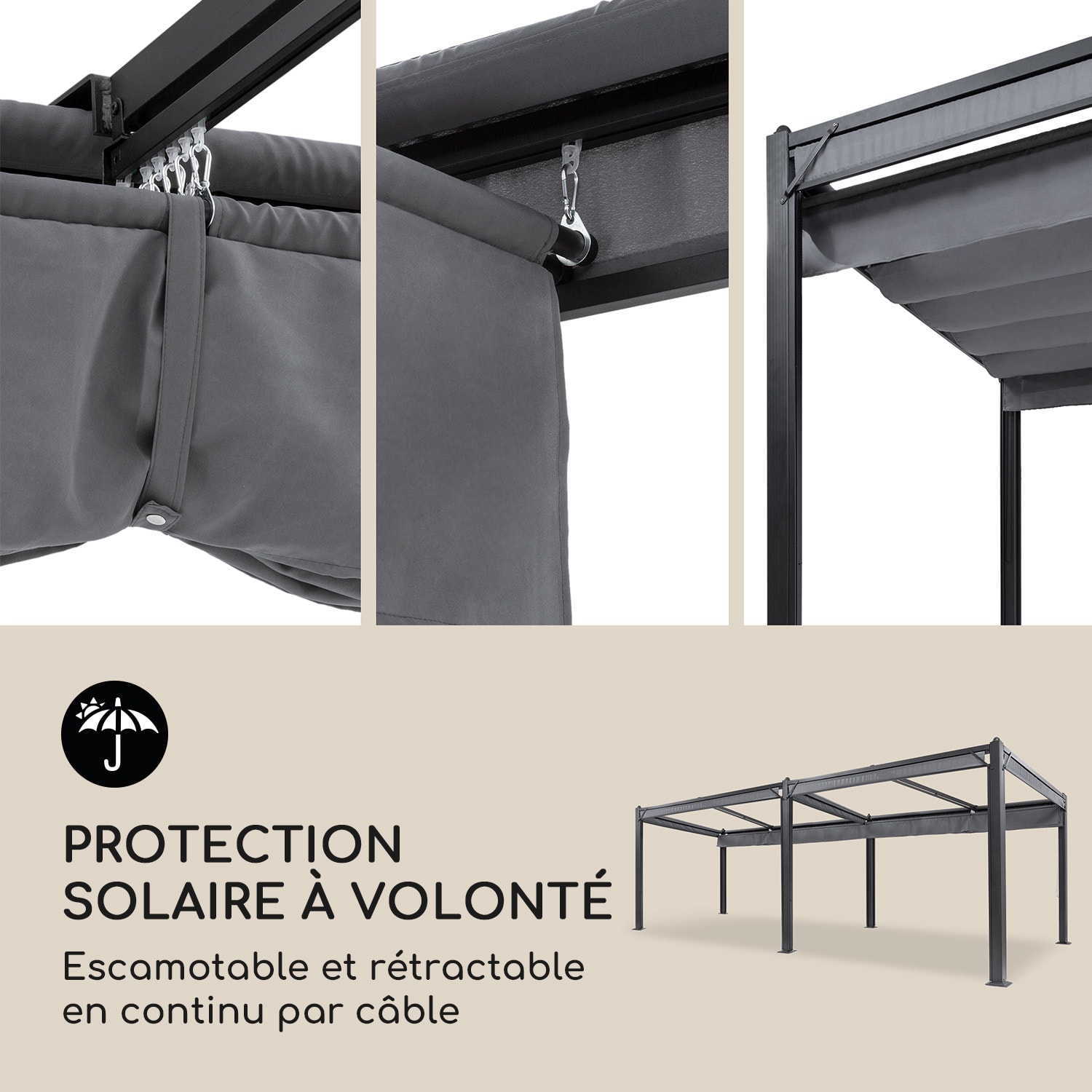 Toit de remplacement Pantheon Cortina Pergola 200 g/m² Toile polyester 3x6 m y compris cordelette 3 x 6 m | Gris Foncé