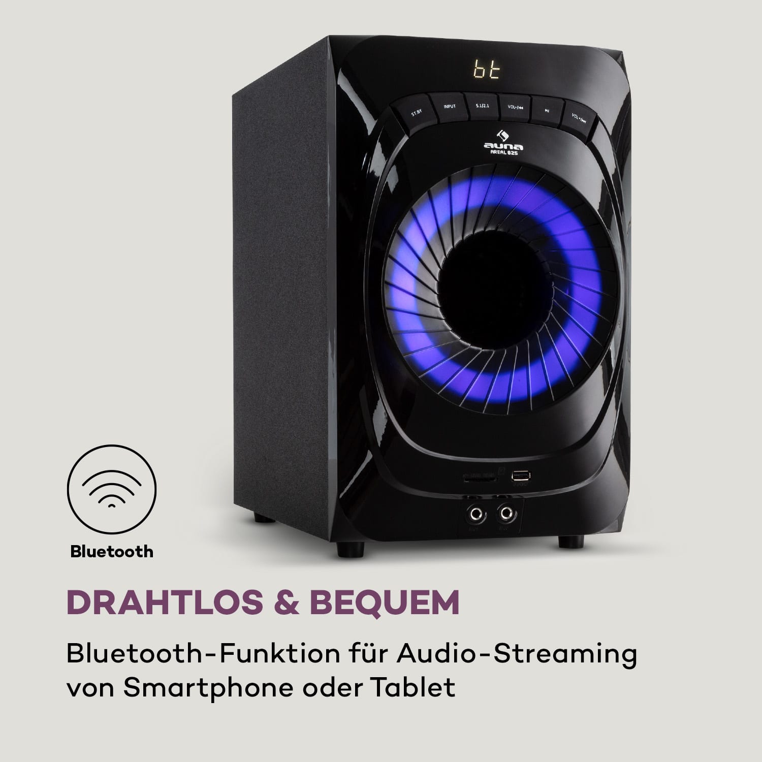 Areal 825 5.1 Lautsprechersystem 200 W RMS BT USB SD AUX Fernbedienung Schwarz