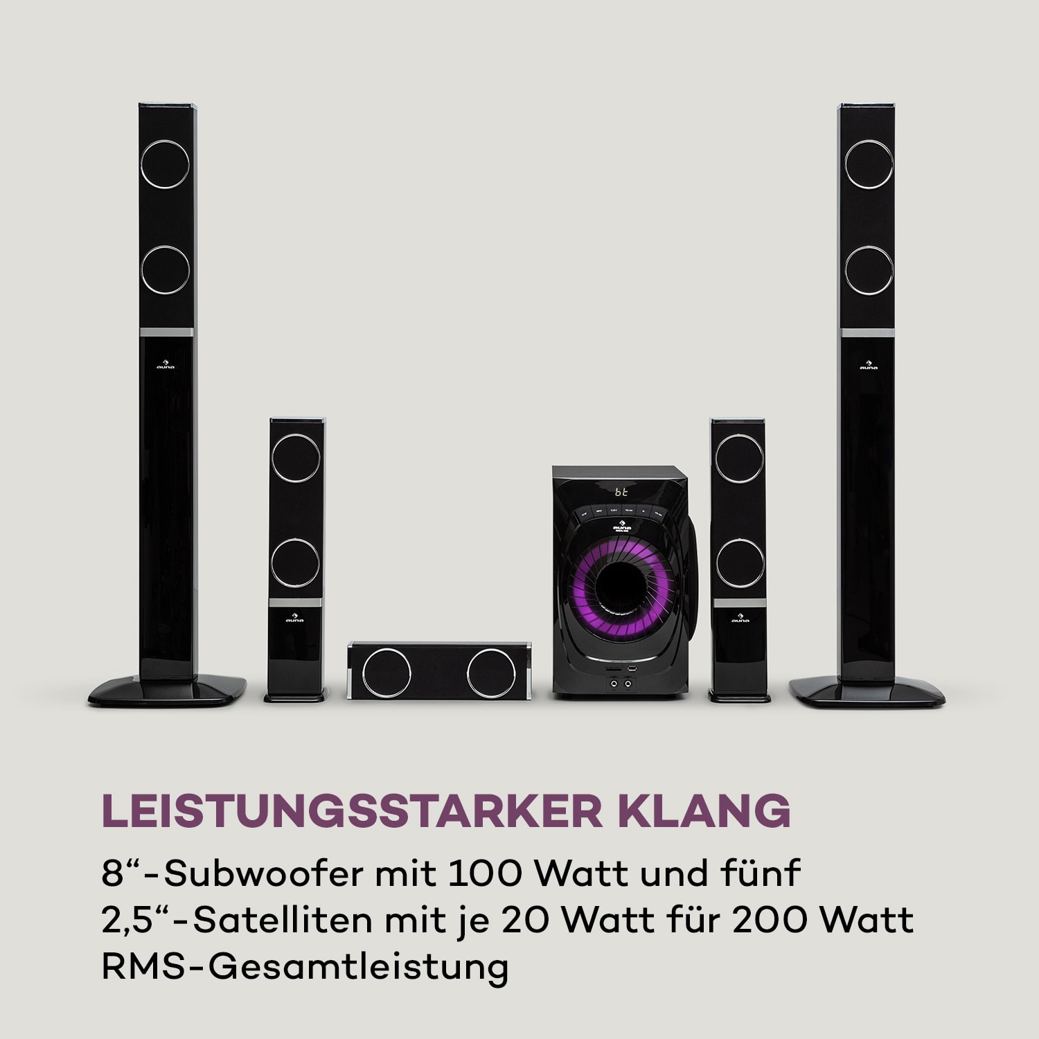 Areal 825 5.1 Lautsprechersystem 200 W RMS BT USB SD AUX Fernbedienung Schwarz