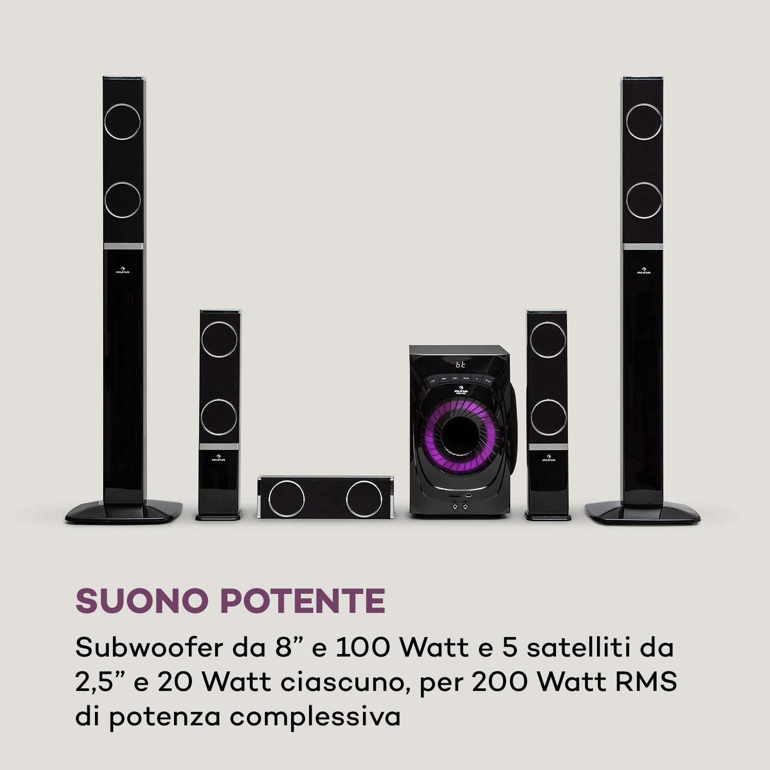 Areal 825 - Sistema di altoparlanti 5.1, 200 W RMS, BT, USB, SD, AUX, telecomando Nero