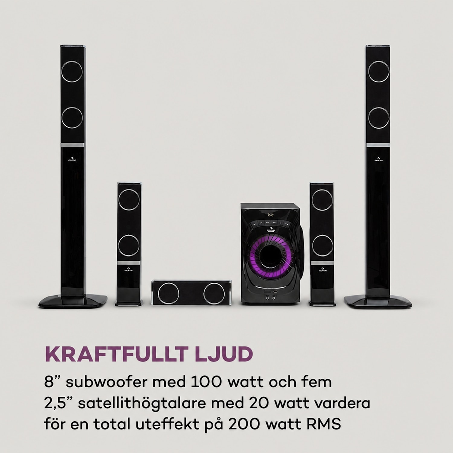Areal 825 5.1 Högtalarsystem 200 W RMS BT USB SD AUX fjärrkontroll 