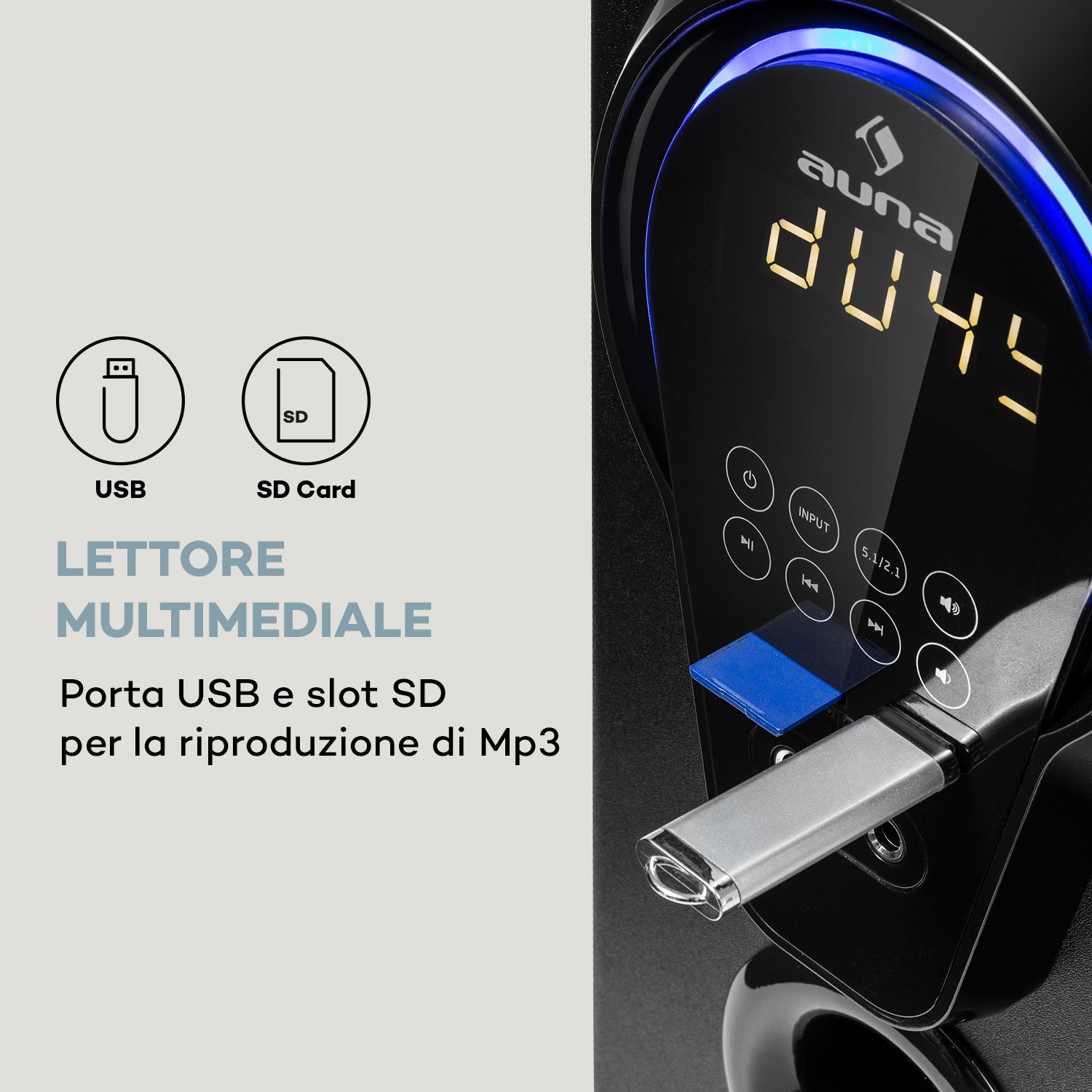 Areal 525 DG, sistema surround 5.1, 125W RMS, ingresso ottico, BT, USB, SD, AUX, telecomando Nero